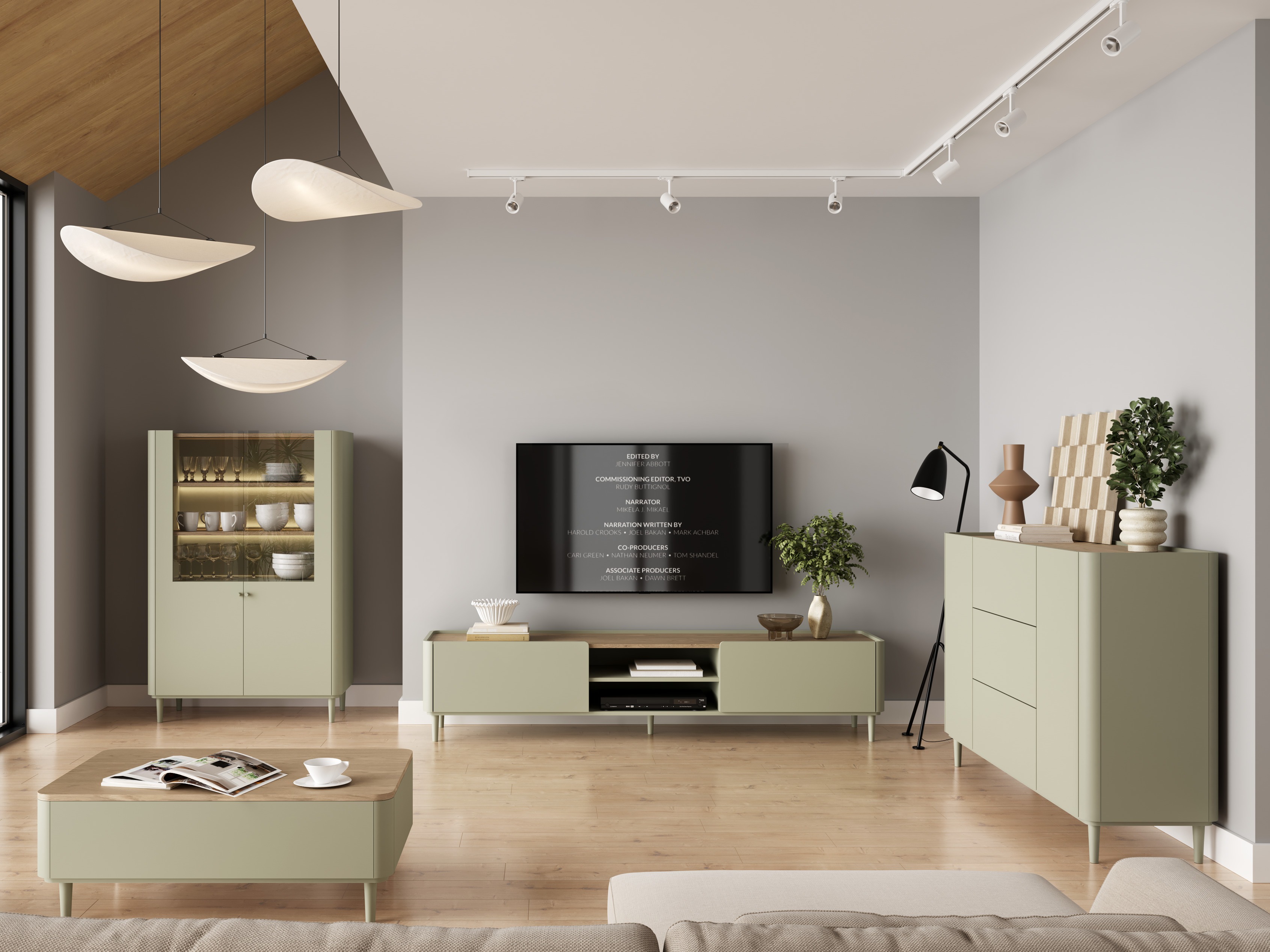 Svetainės komplektas Elbmira 110 (Dusty žalia + Ąžuolas)