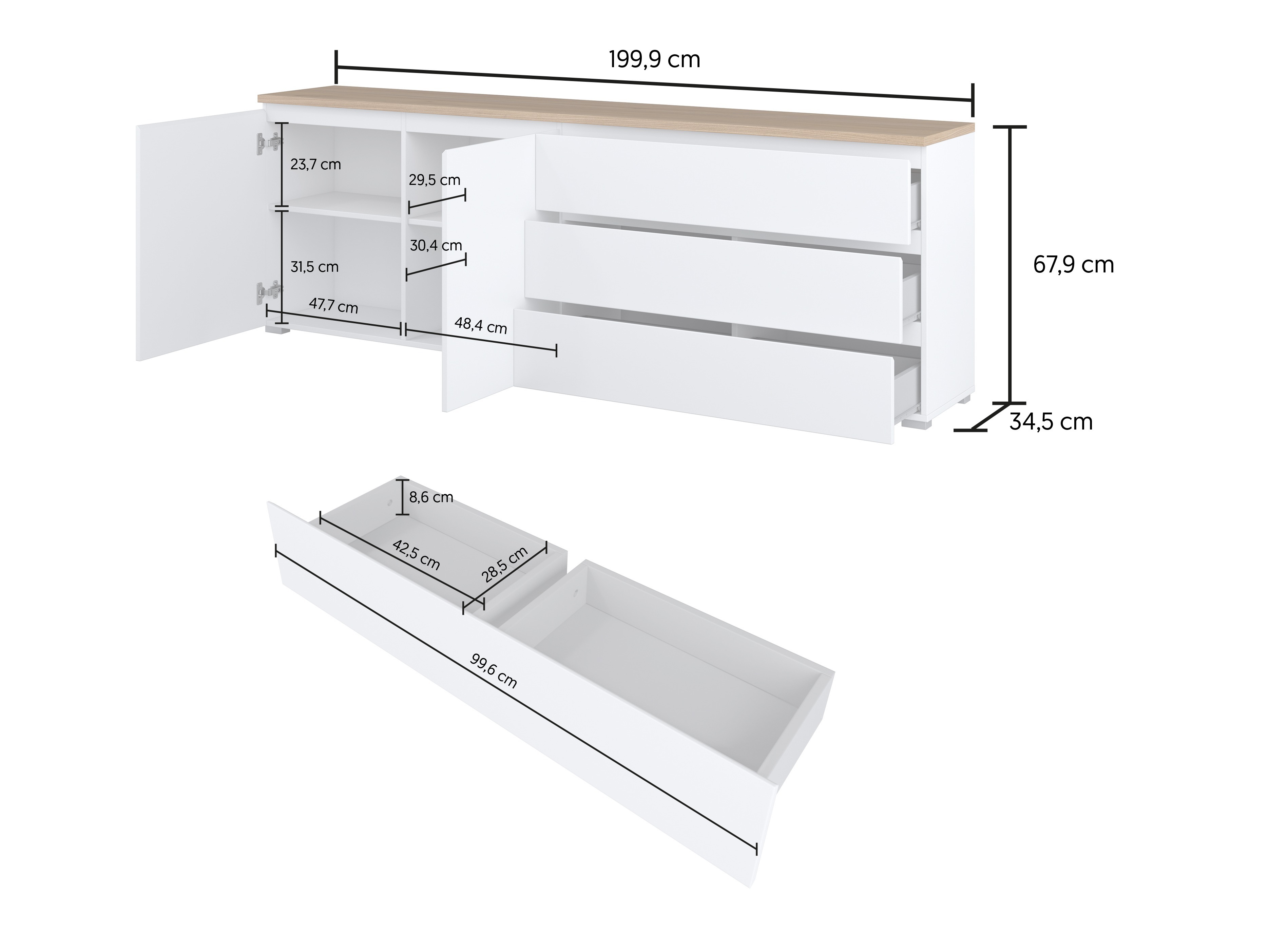 Komoda Baletu 107 (Balta + Ąžuolas)