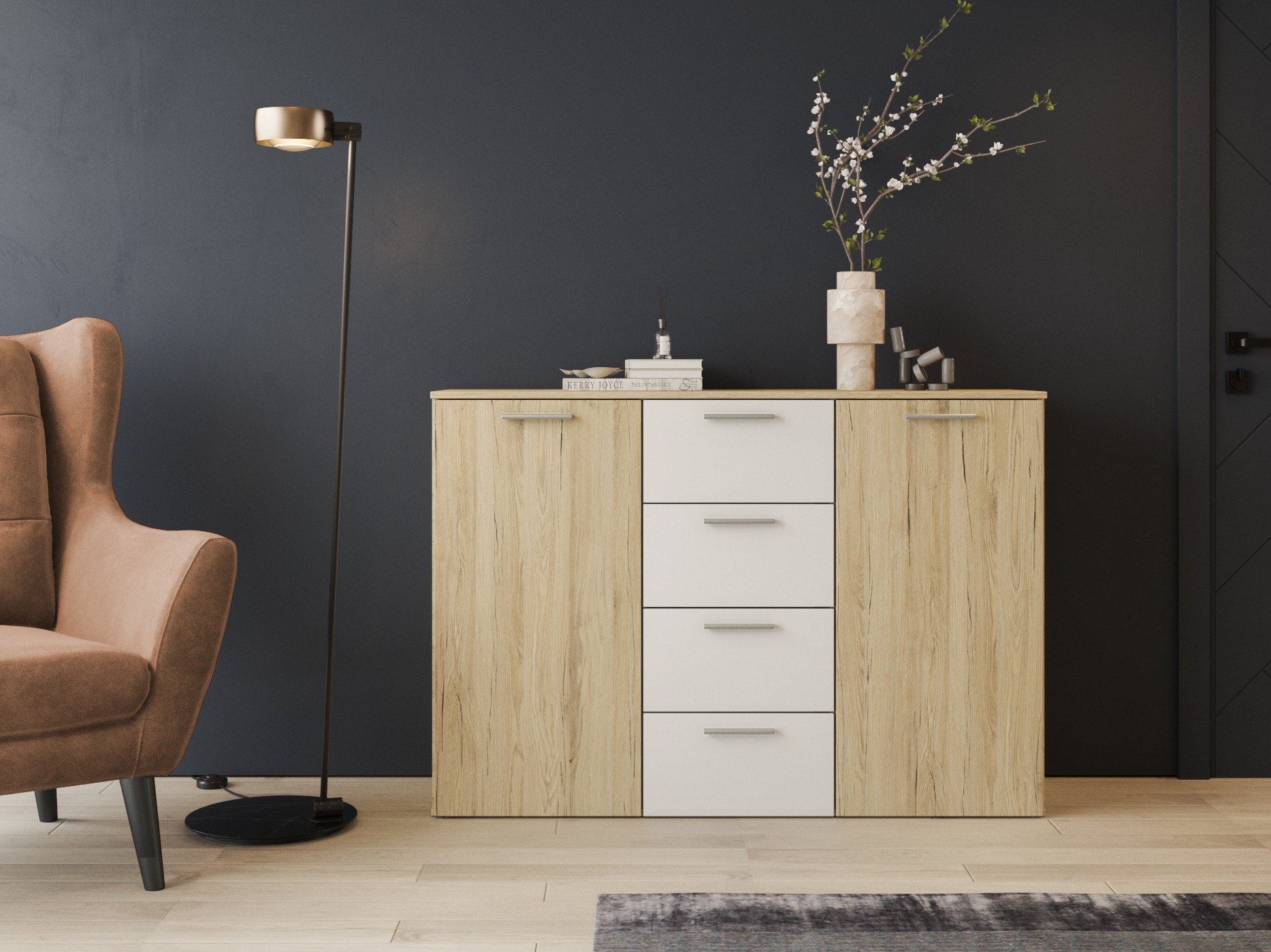 Komoda Melvele 101 (San Remo ąžuolas + Balta)