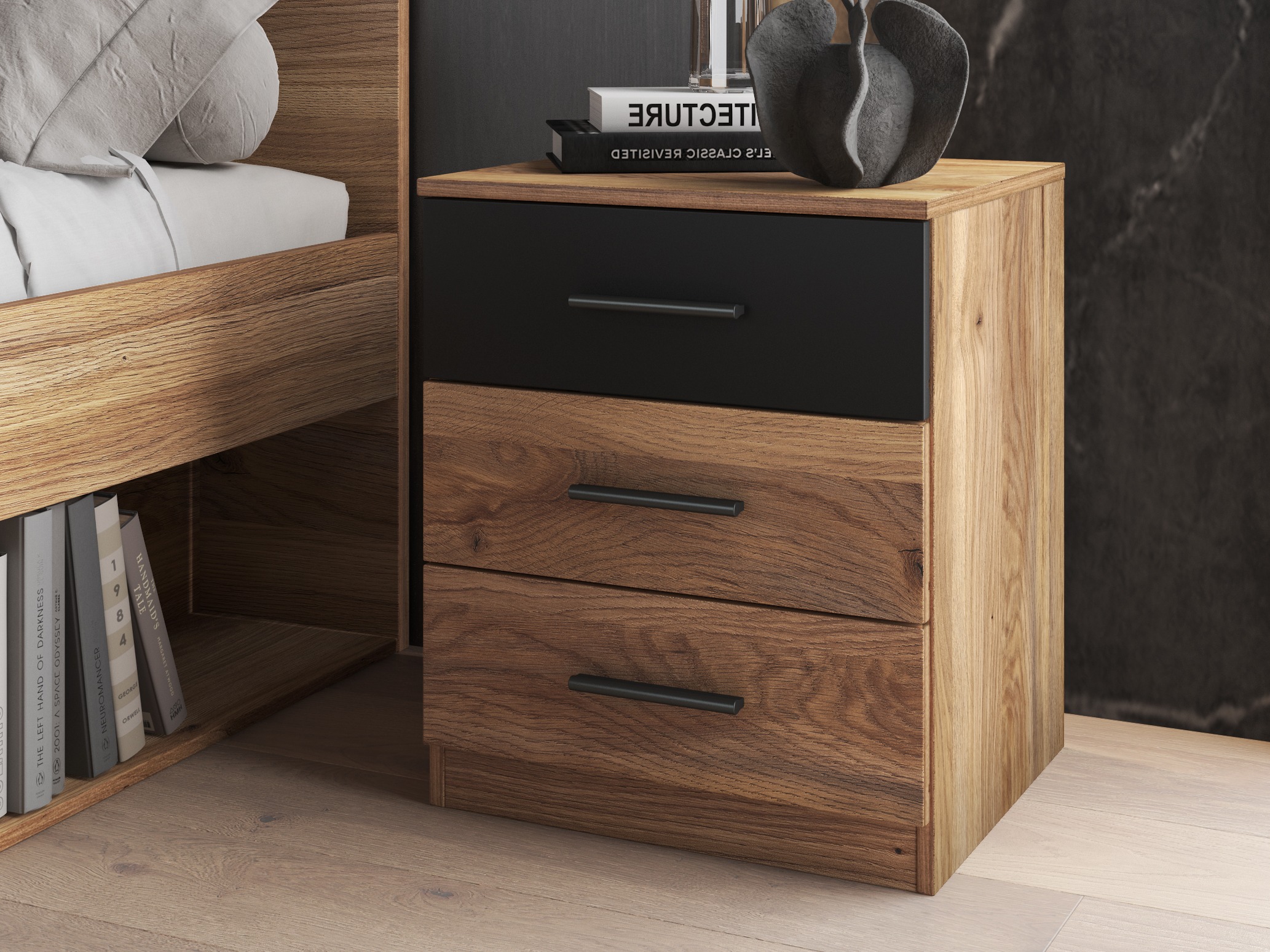 Naktinis staliukas Melvele 100 (Ąžuolas + Juoda)