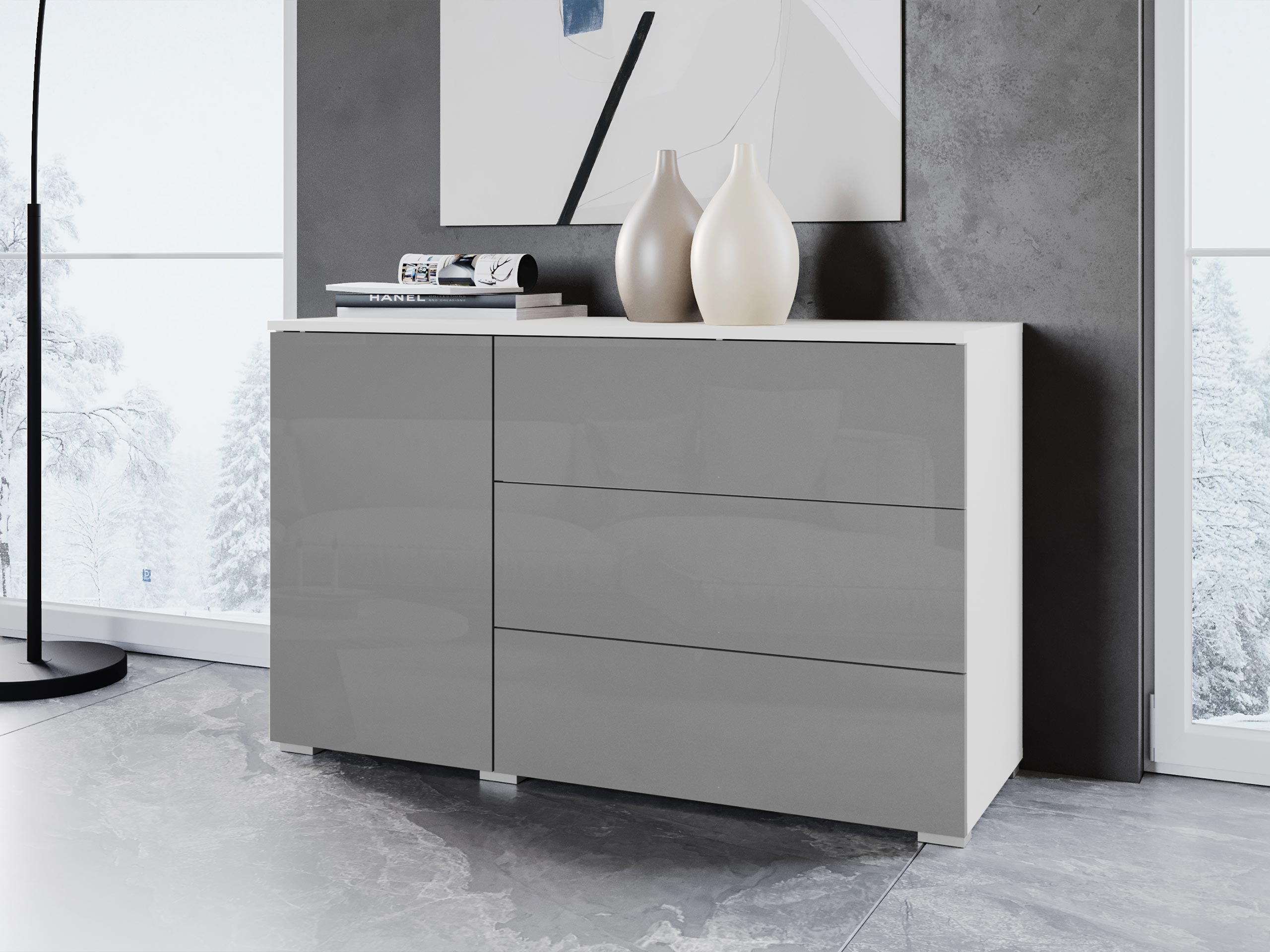 Komoda Sarasota 128 (Balta + Blizgi pilka)