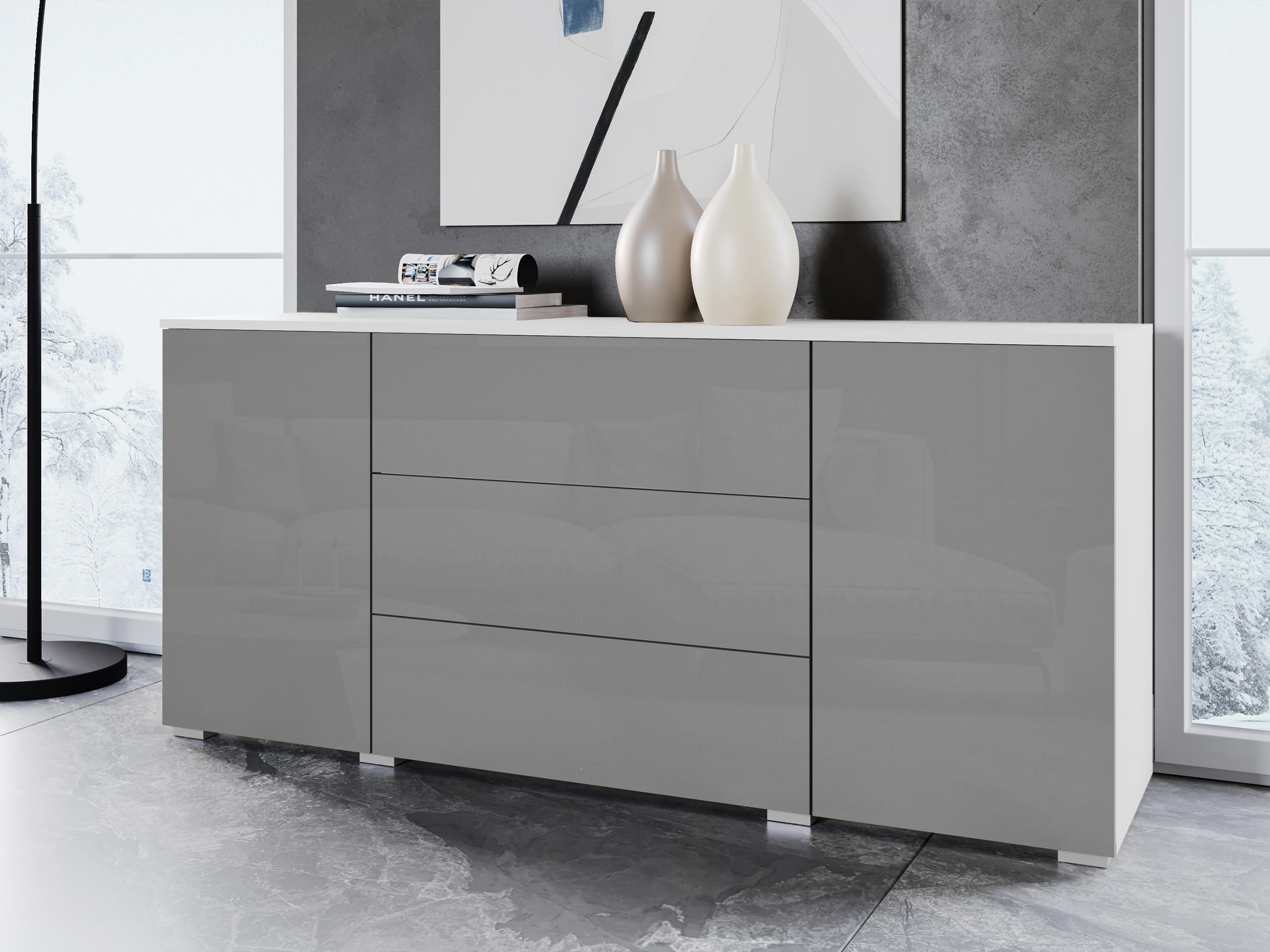 Komoda Sarasota 129 (Balta + Blizgi pilka)