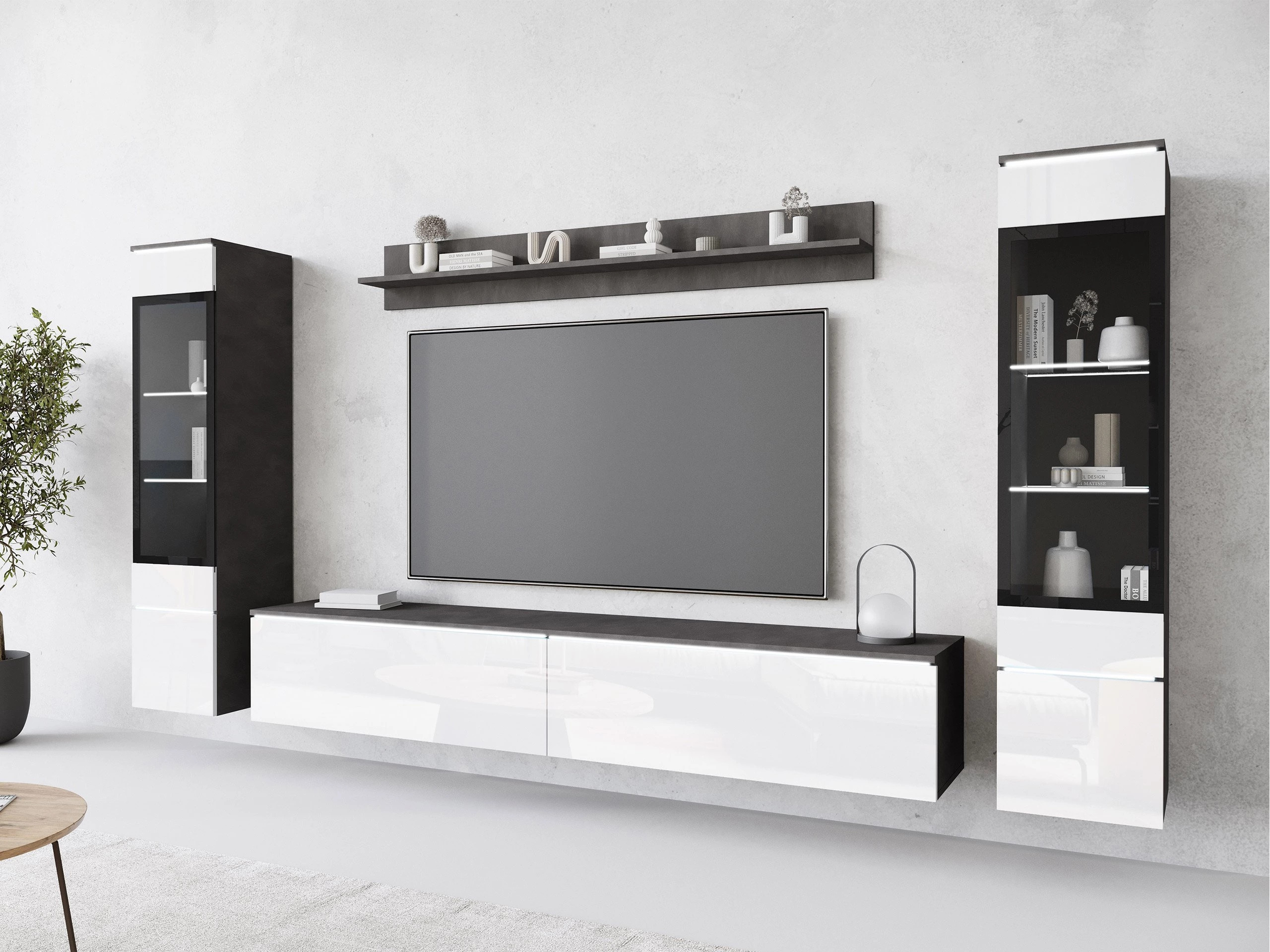 Svetainės komplektas Sarasota 126 (Matera pilka + Blizgi balta)