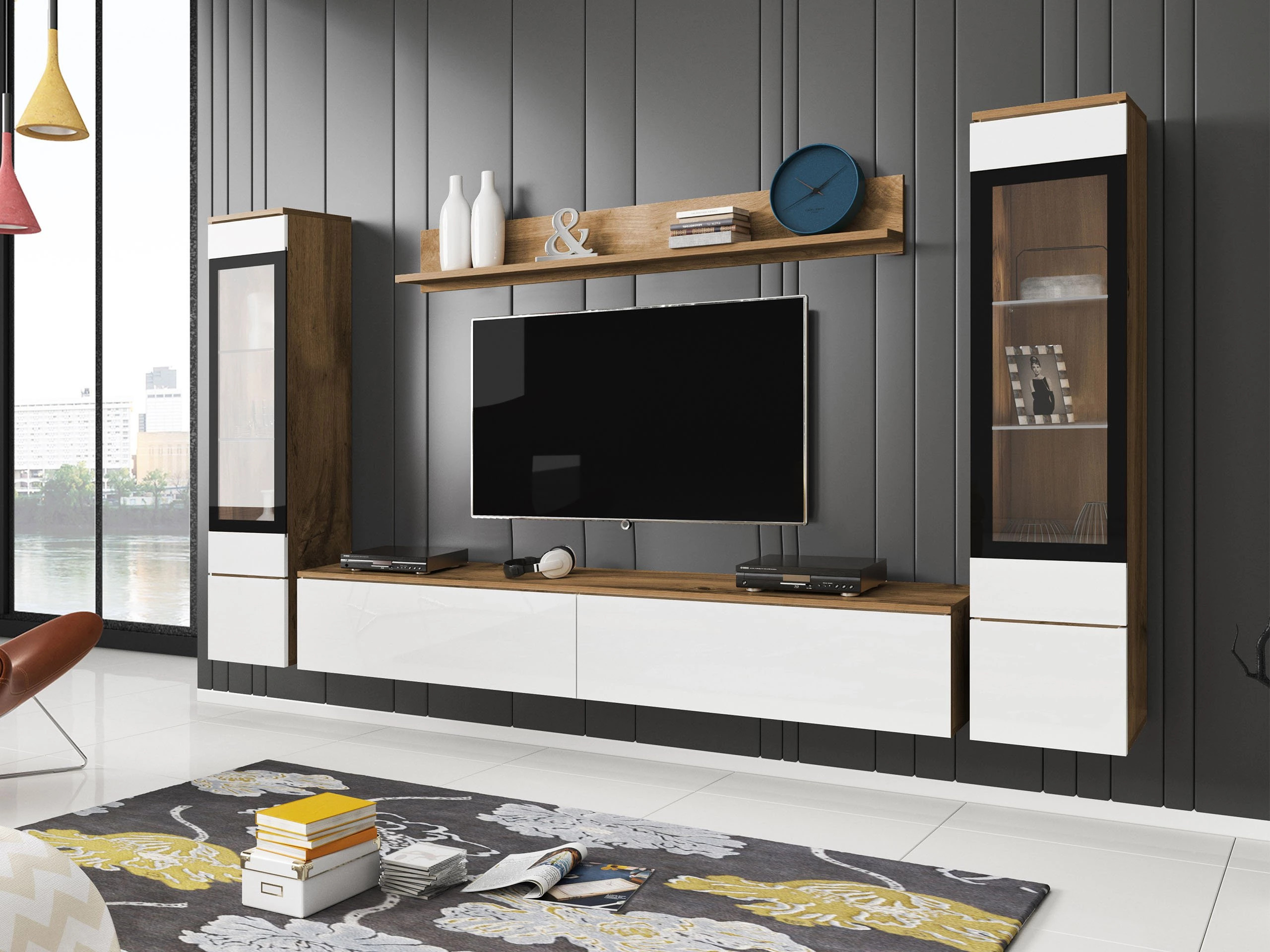 Svetainės komplektas Sarasota 126 (Votan ąžuolas + Blizgi balta)