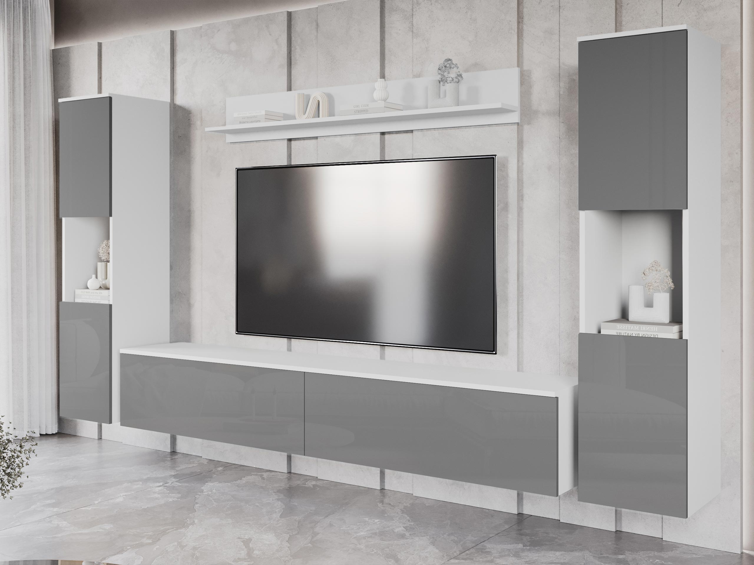 Svetainės komplektas Sarasota 131 (Balta + Blizgi pilka)