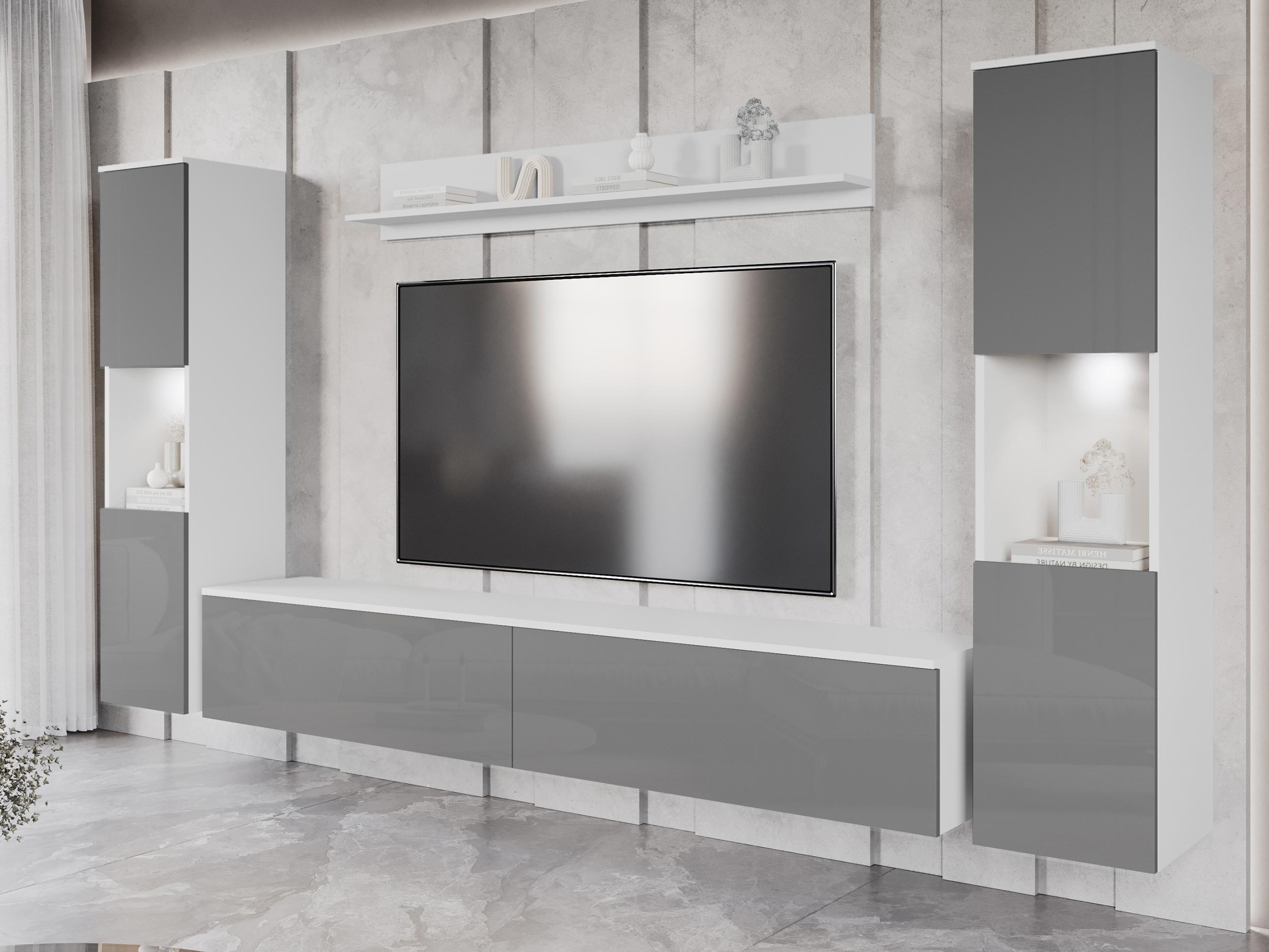 Svetainės komplektas Sarasota 131 (Balta + Blizgi pilka)