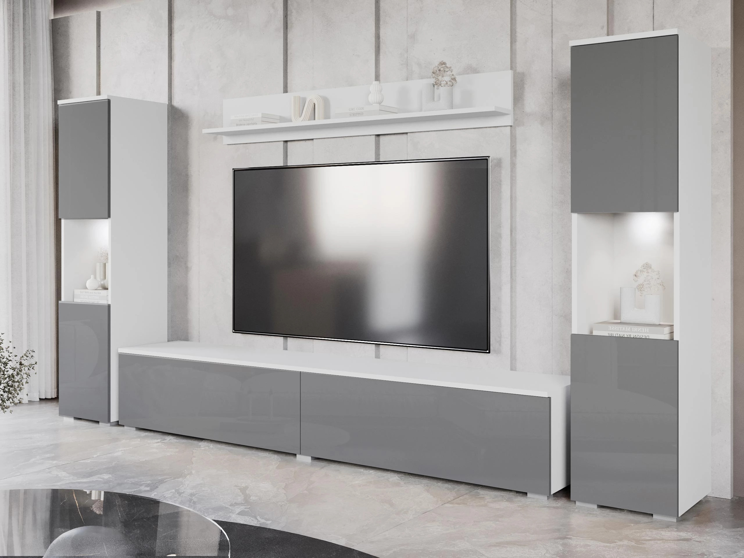 Svetainės komplektas Sarasota 131 (Balta + Blizgi pilka)