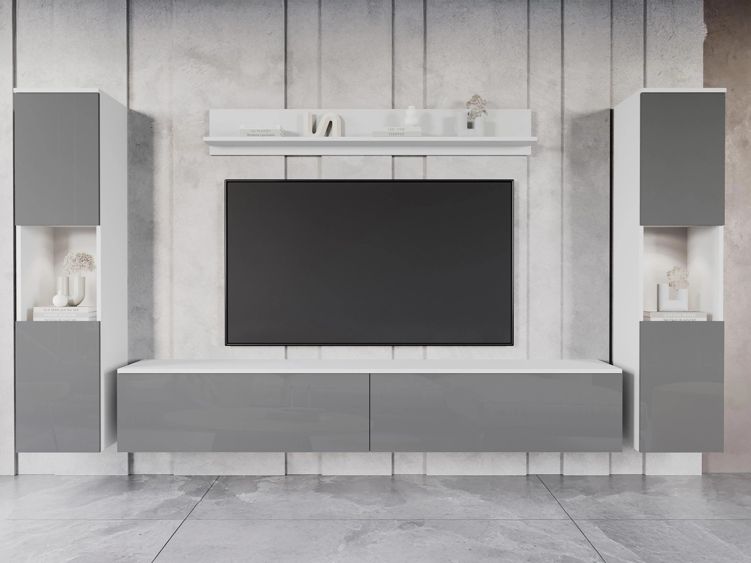 Svetainės komplektas Sarasota 131 (Balta + Blizgi pilka)