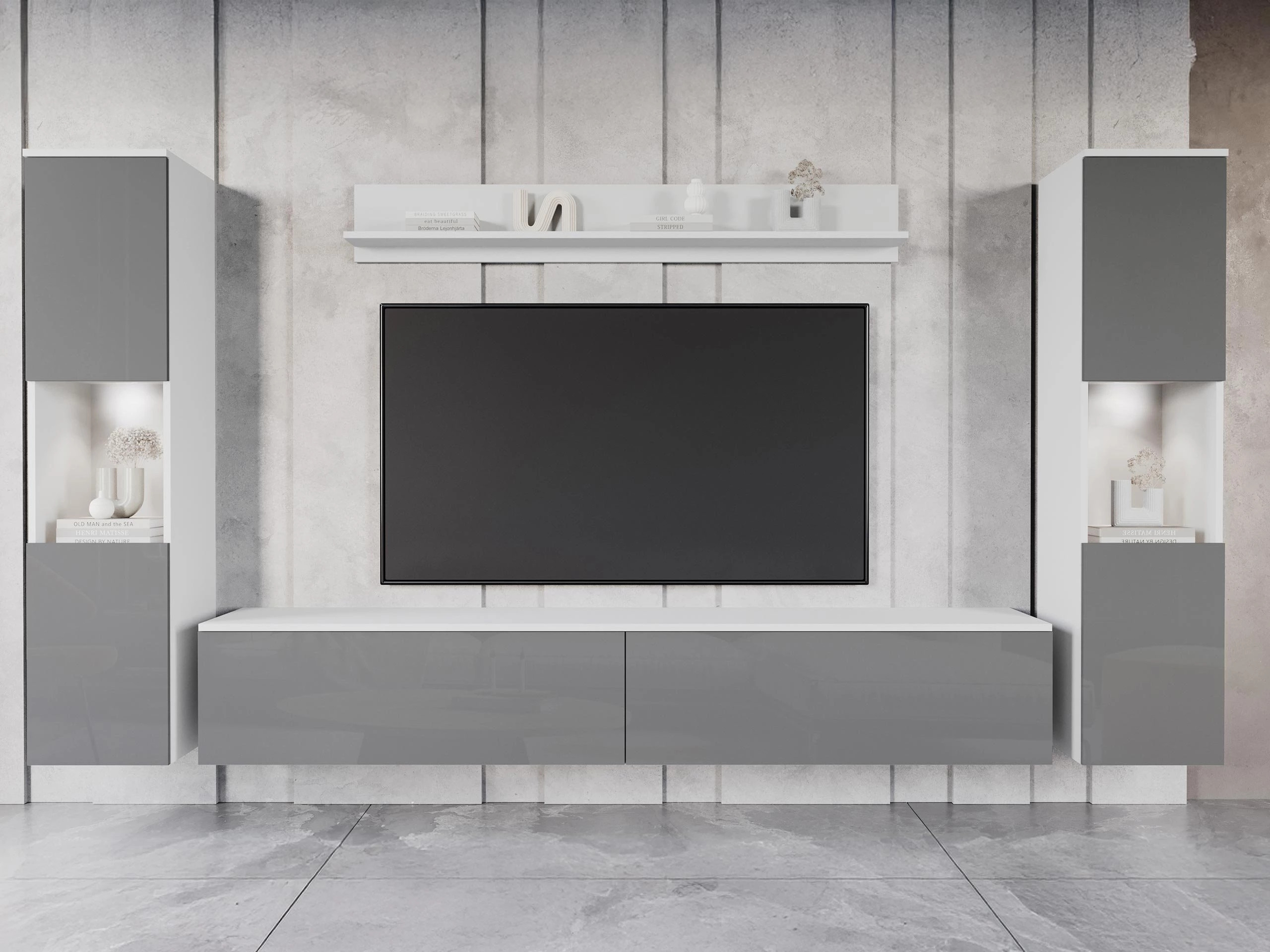 Svetainės komplektas Sarasota 131 (Balta + Blizgi pilka)