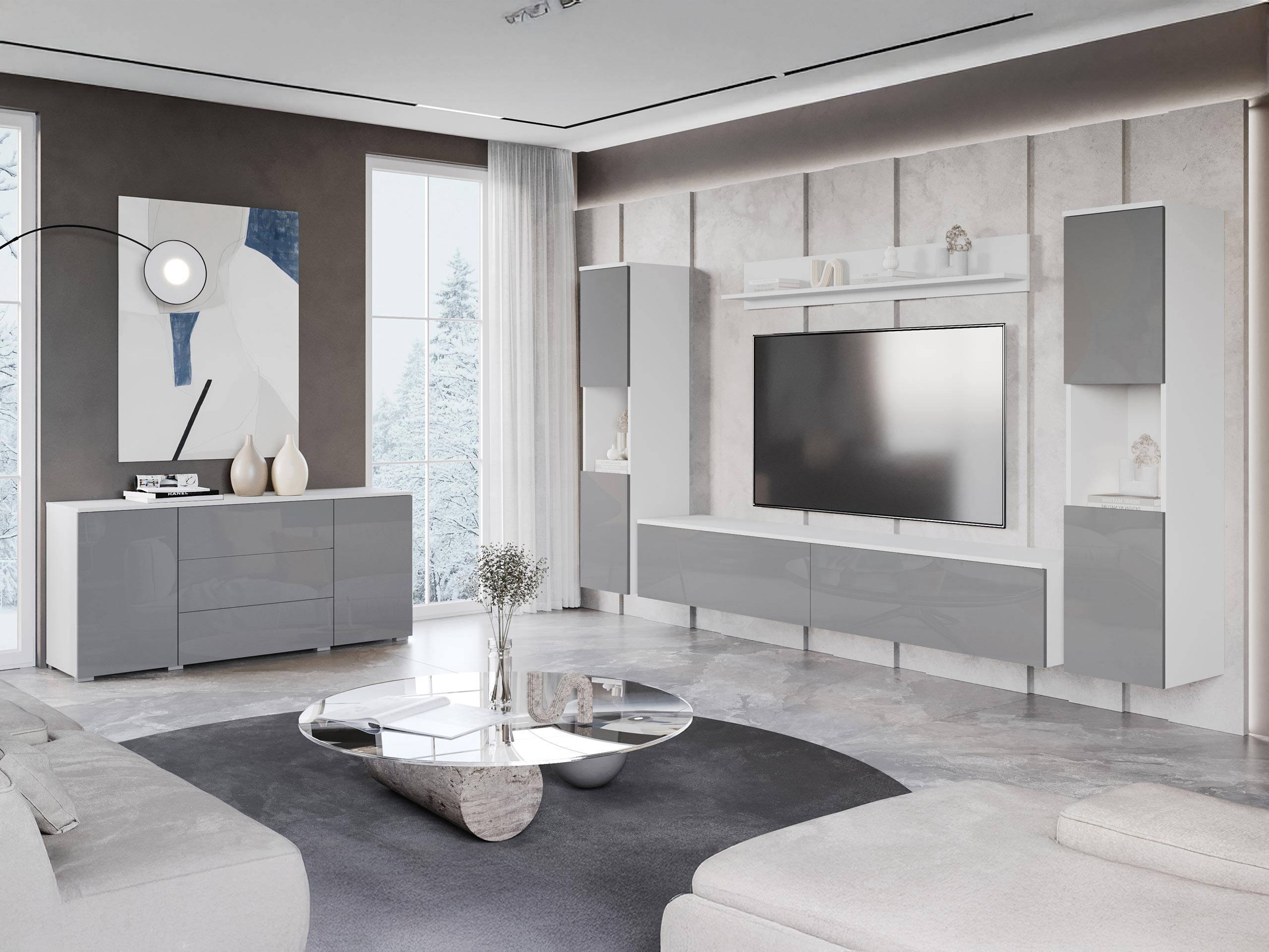 Svetainės komplektas Sarasota 133 (Balta + Blizgi balta)