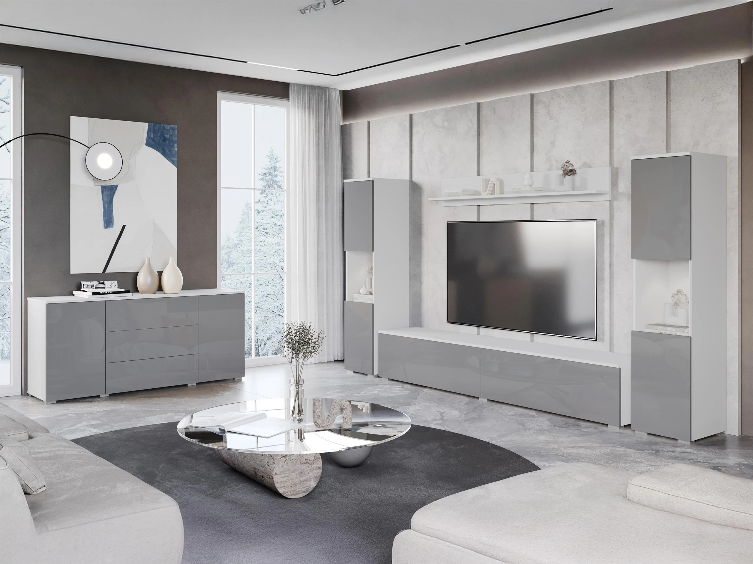 Svetainės komplektas Sarasota 133 (Balta + Blizgi balta)