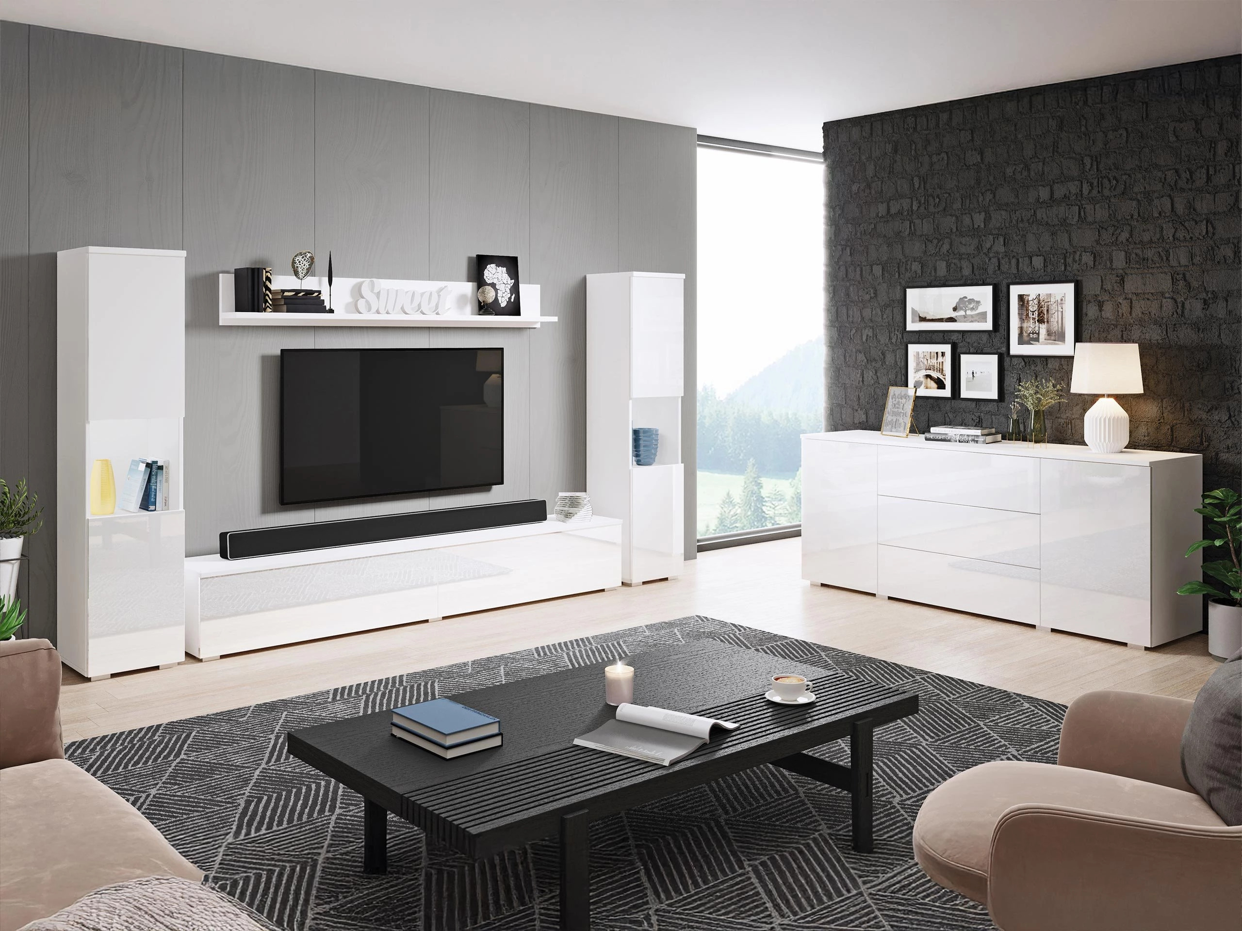 Svetainės komplektas Sarasota 133 (Balta + Blizgi balta)