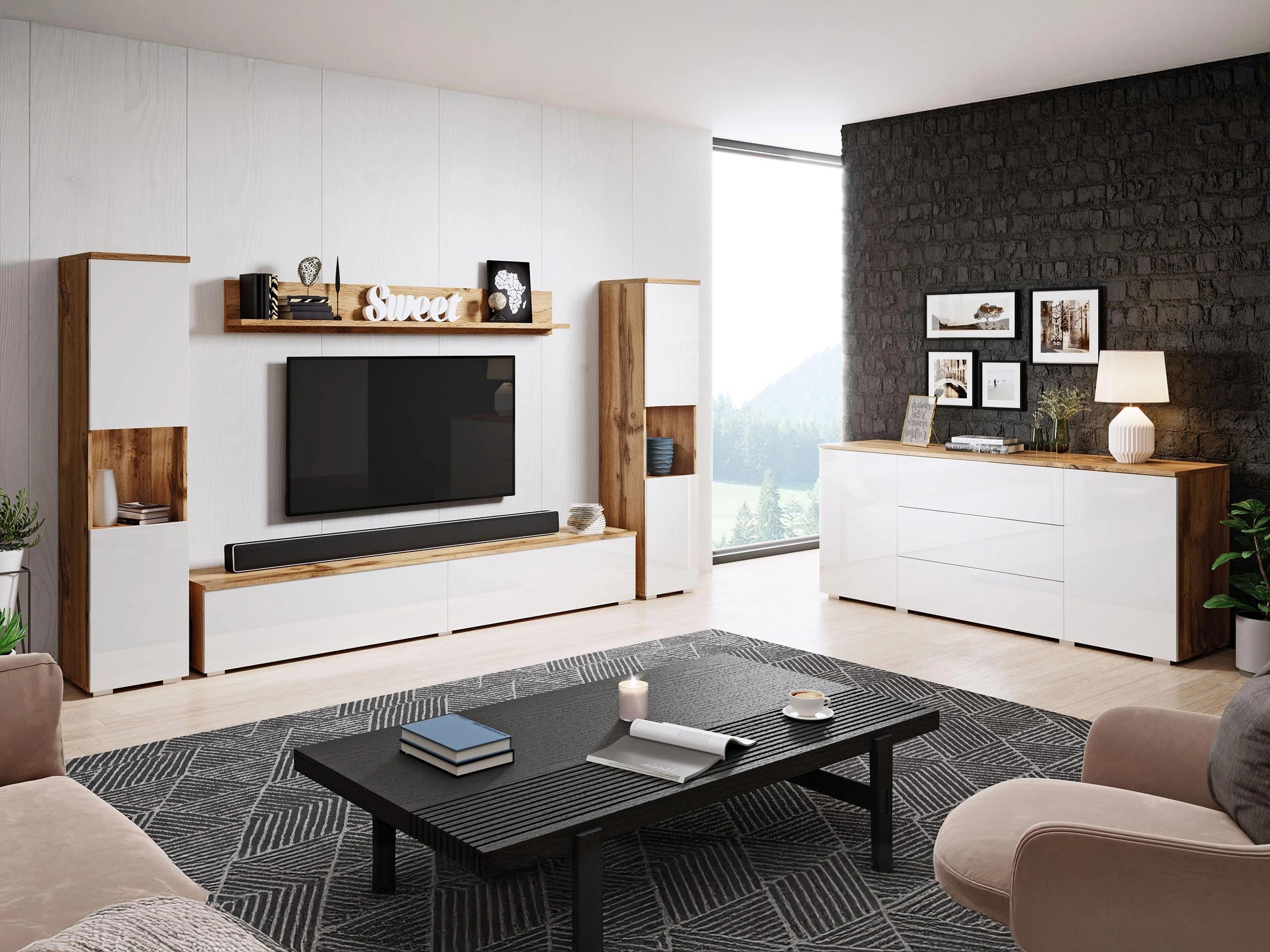 Svetainės komplektas Sarasota 133 (Votan ąžuolas + Blizgi balta)