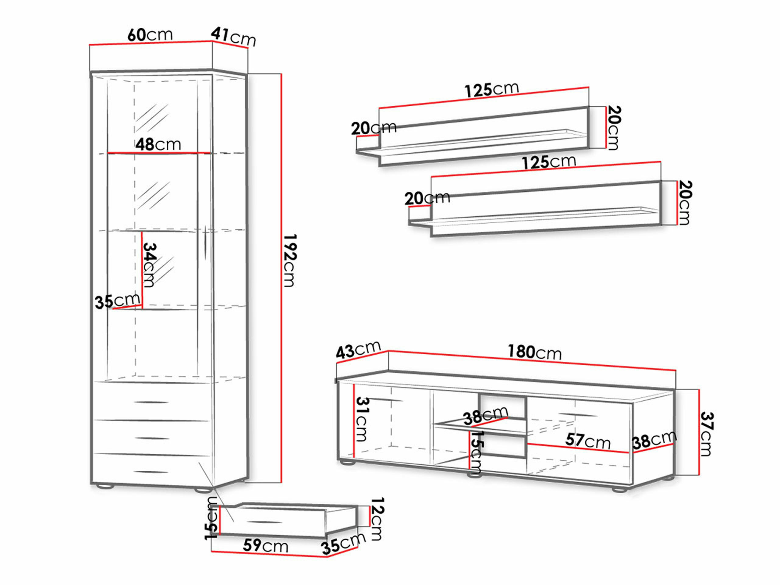 Svetainės komplektas Tornola 107 (Balta + Blizgi balta)
