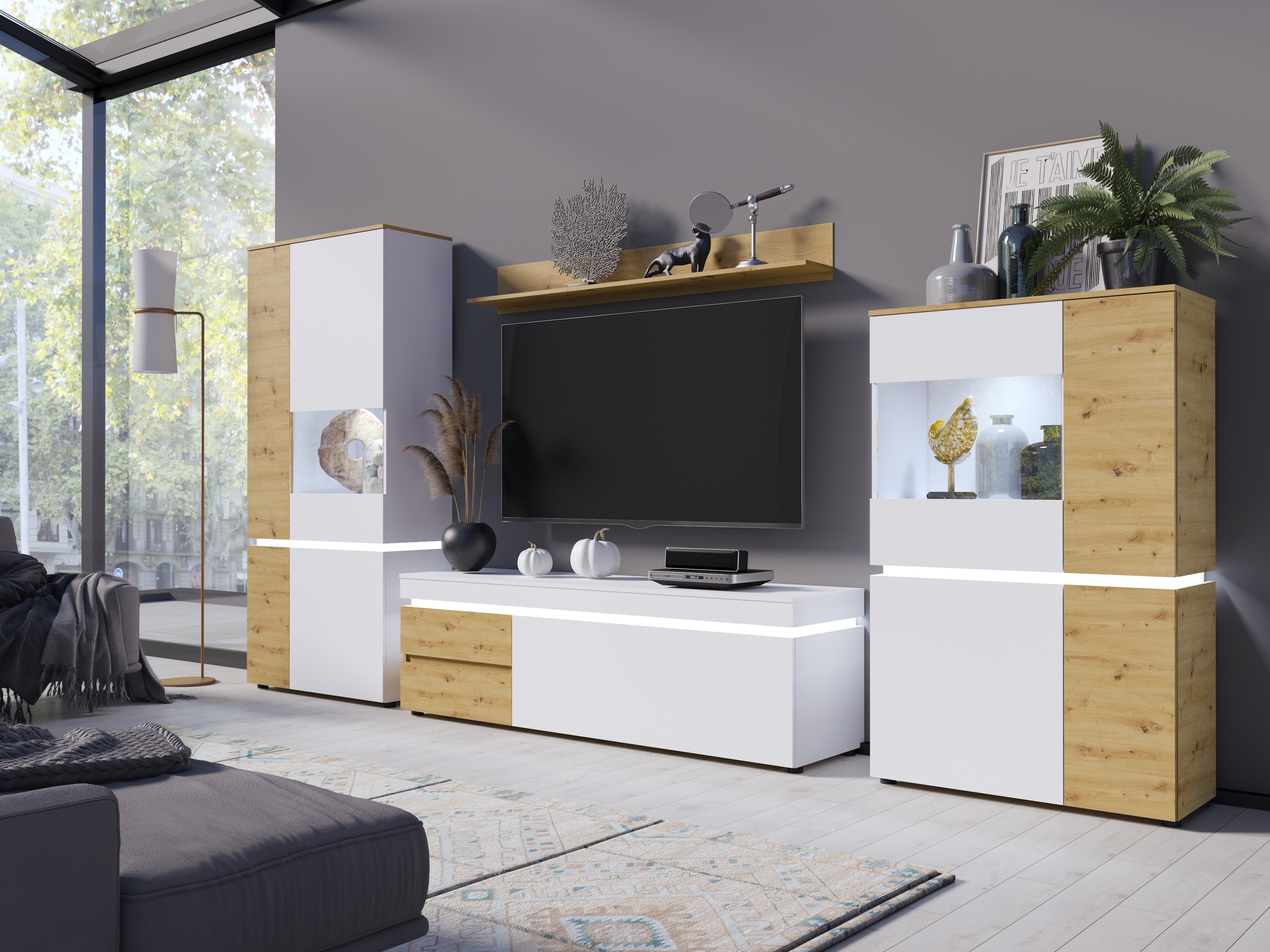 Svetainės komplektas Ontario 176 (Artisan ąžuolas + Balta)