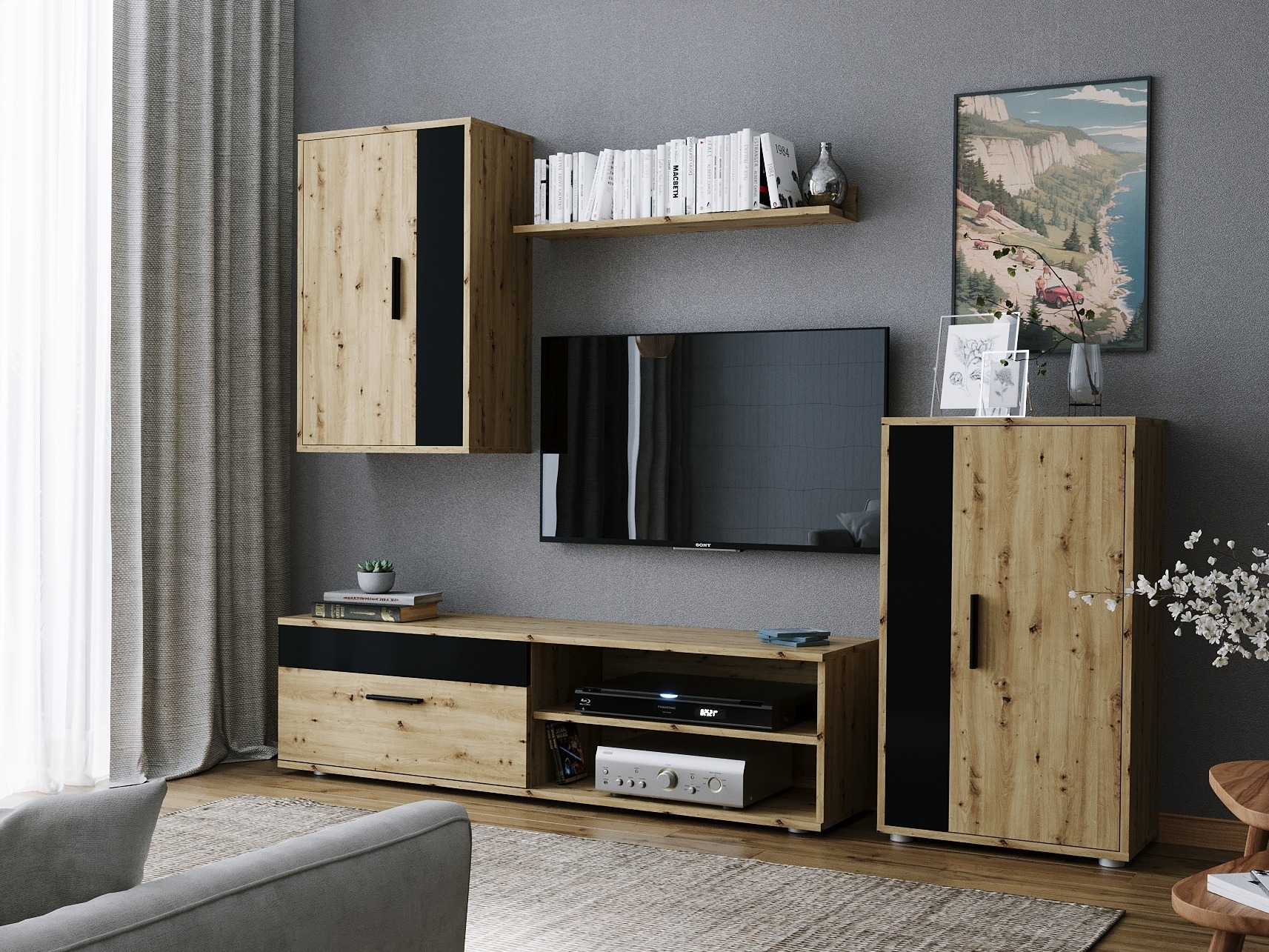 Svetainės komplektas Houston 2087 (Juoda + Artisan ąžuolas)