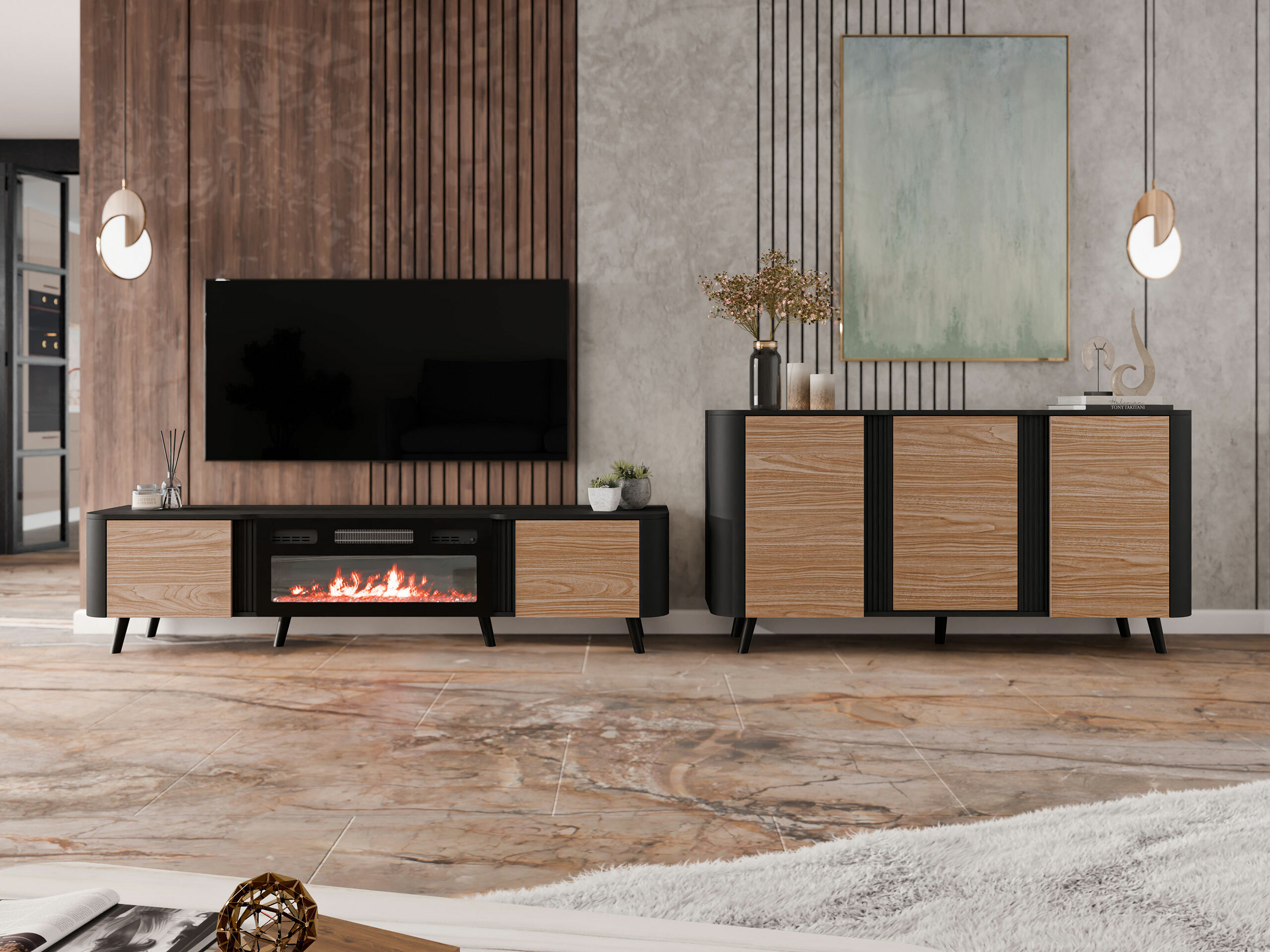 Svetainės komplektas Modus (Juoda + Graikinis riešutas)