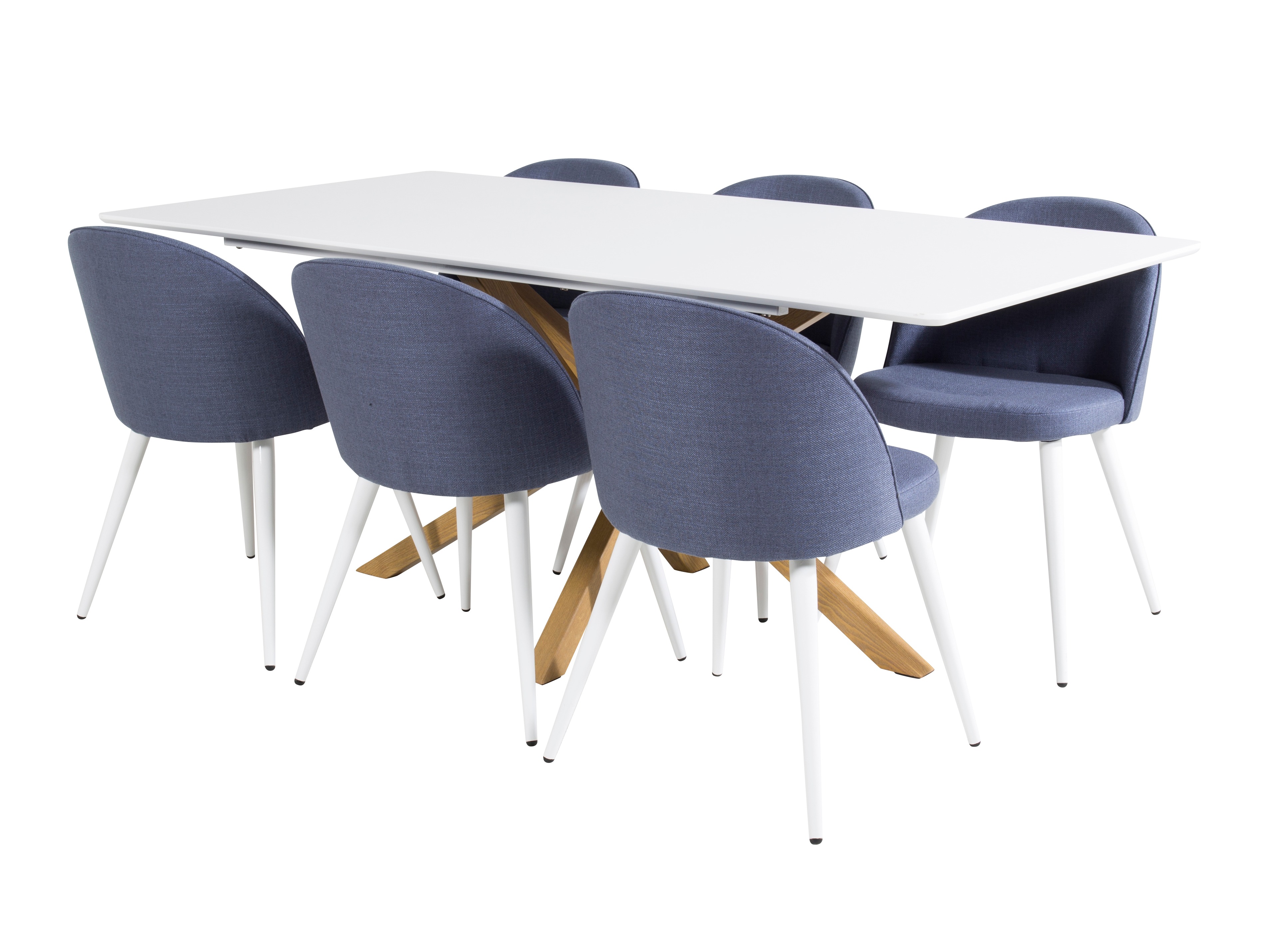 Valgomojo komplektai su mėlynomis kėdėmis