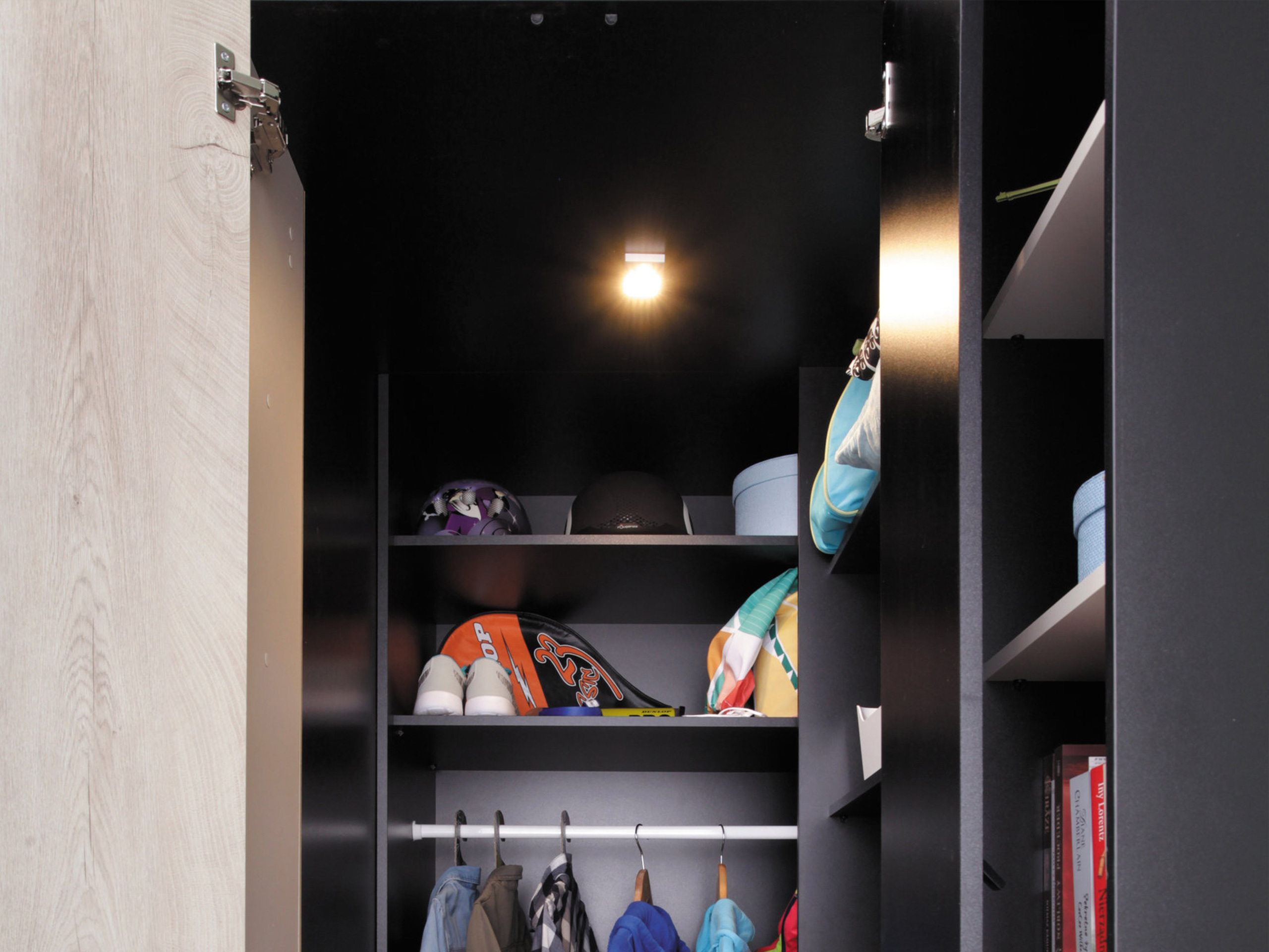 Kampinė spinta Camteso 113 (Balta + Ąžuolas + Turkis)