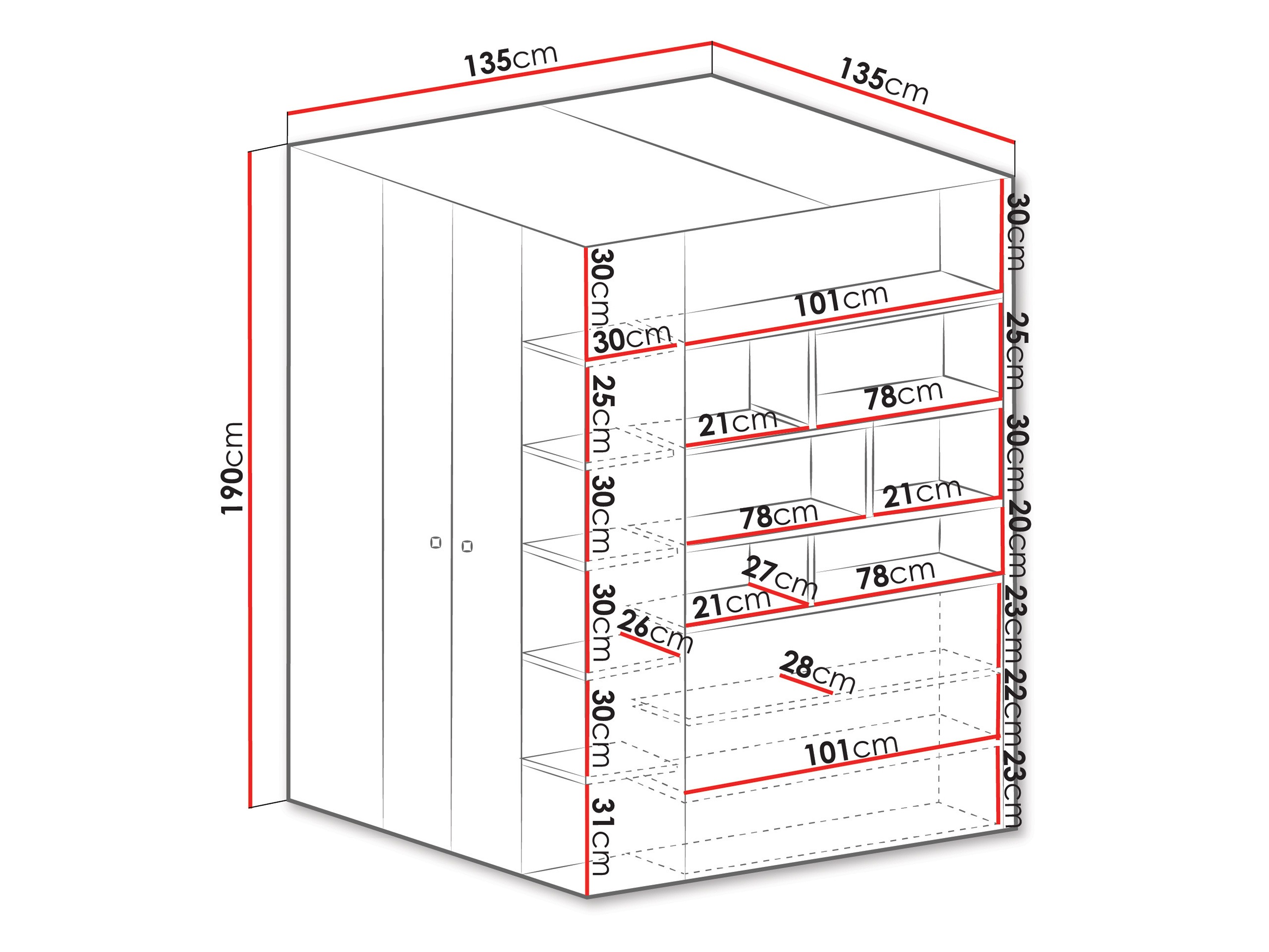 Kampinė spinta Camteso 113 (Balta + Ąžuolas + Turkis)