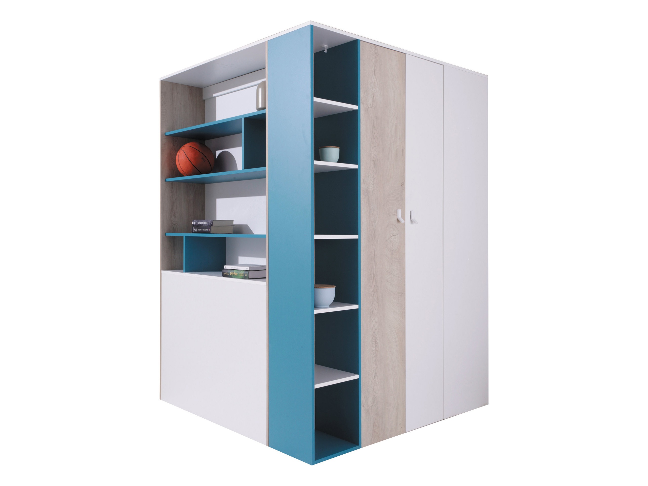 Kampinė spinta Camteso 113 (Balta + Ąžuolas + Turkis)