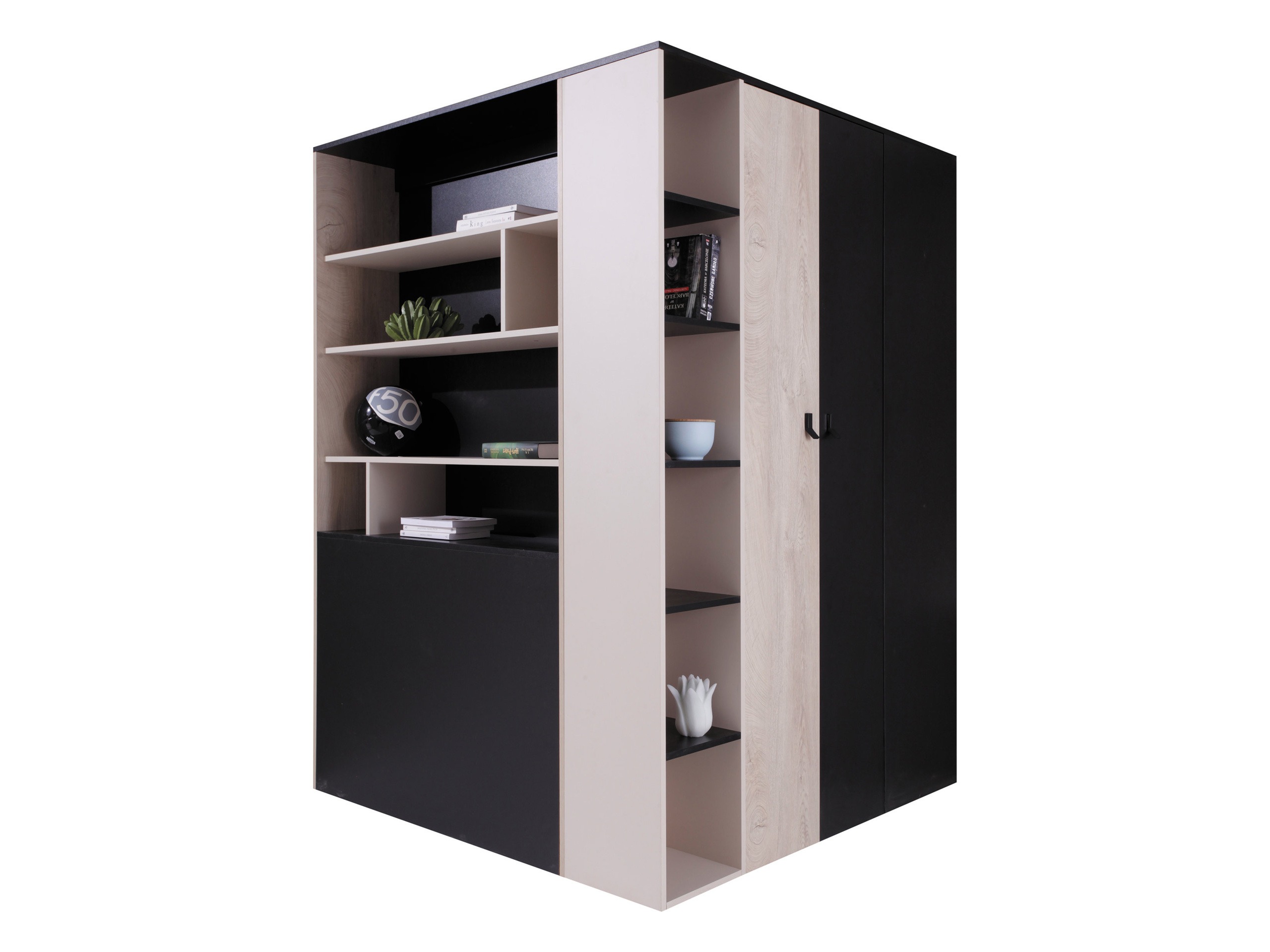 Kampinė spinta Camteso 113 (Juoda + Ąžuolas + Smėlinė)