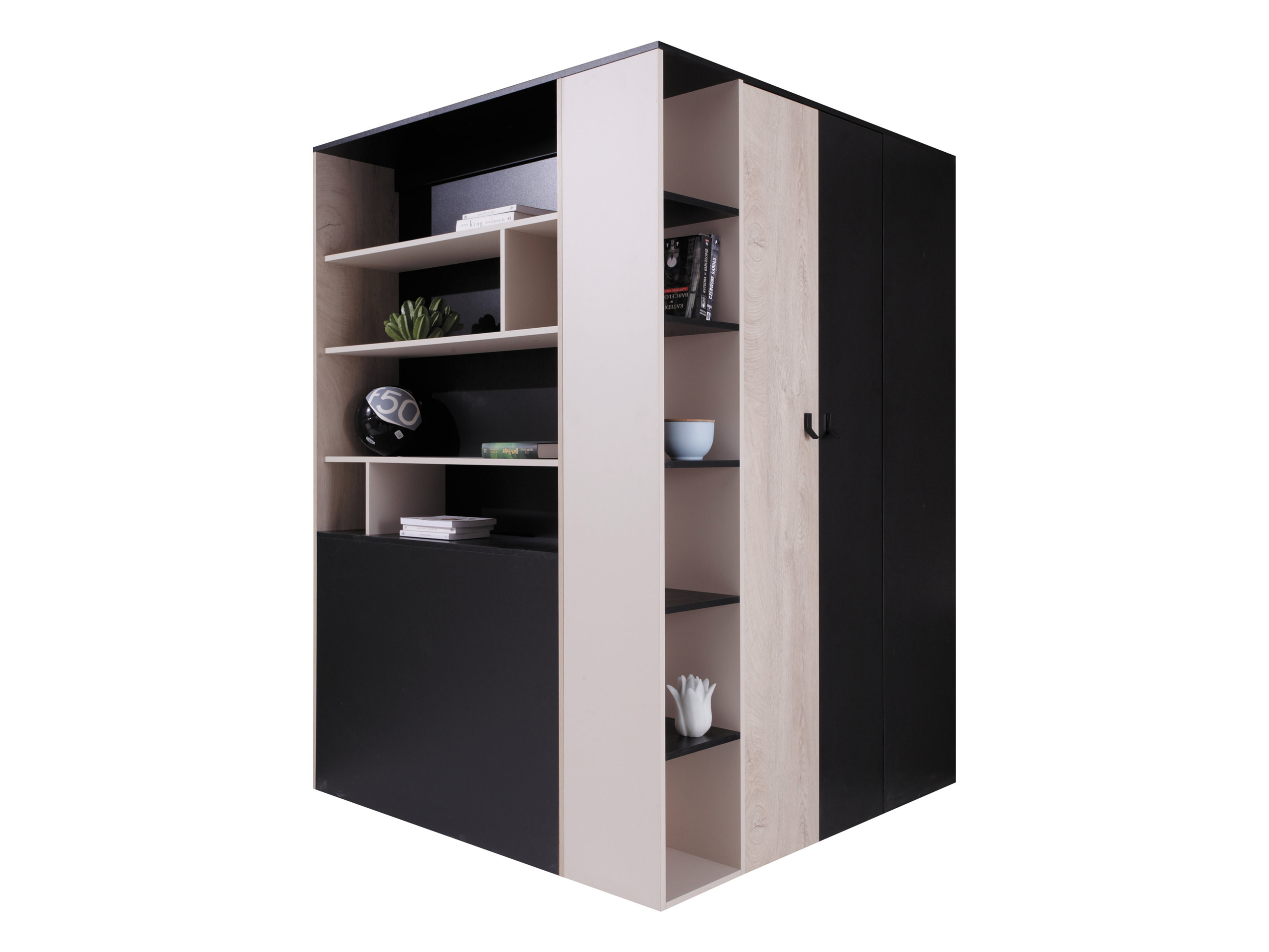 Kampinė spinta Camteso 113 (Juoda + Ąžuolas + Smėlinė)