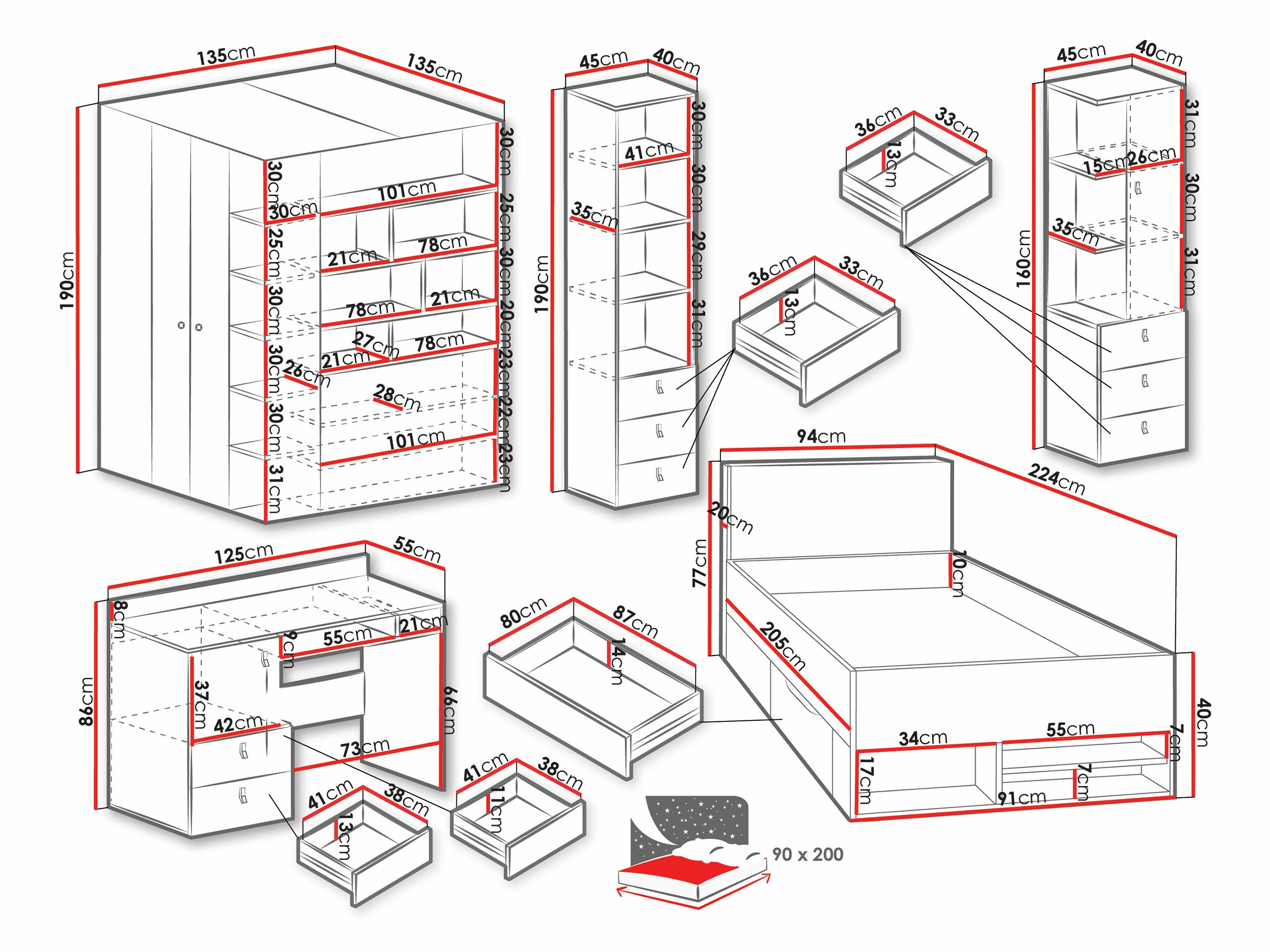 Vaikų kambario komplektas Camteso 115 (Balta + Ąžuolas + Turkis)