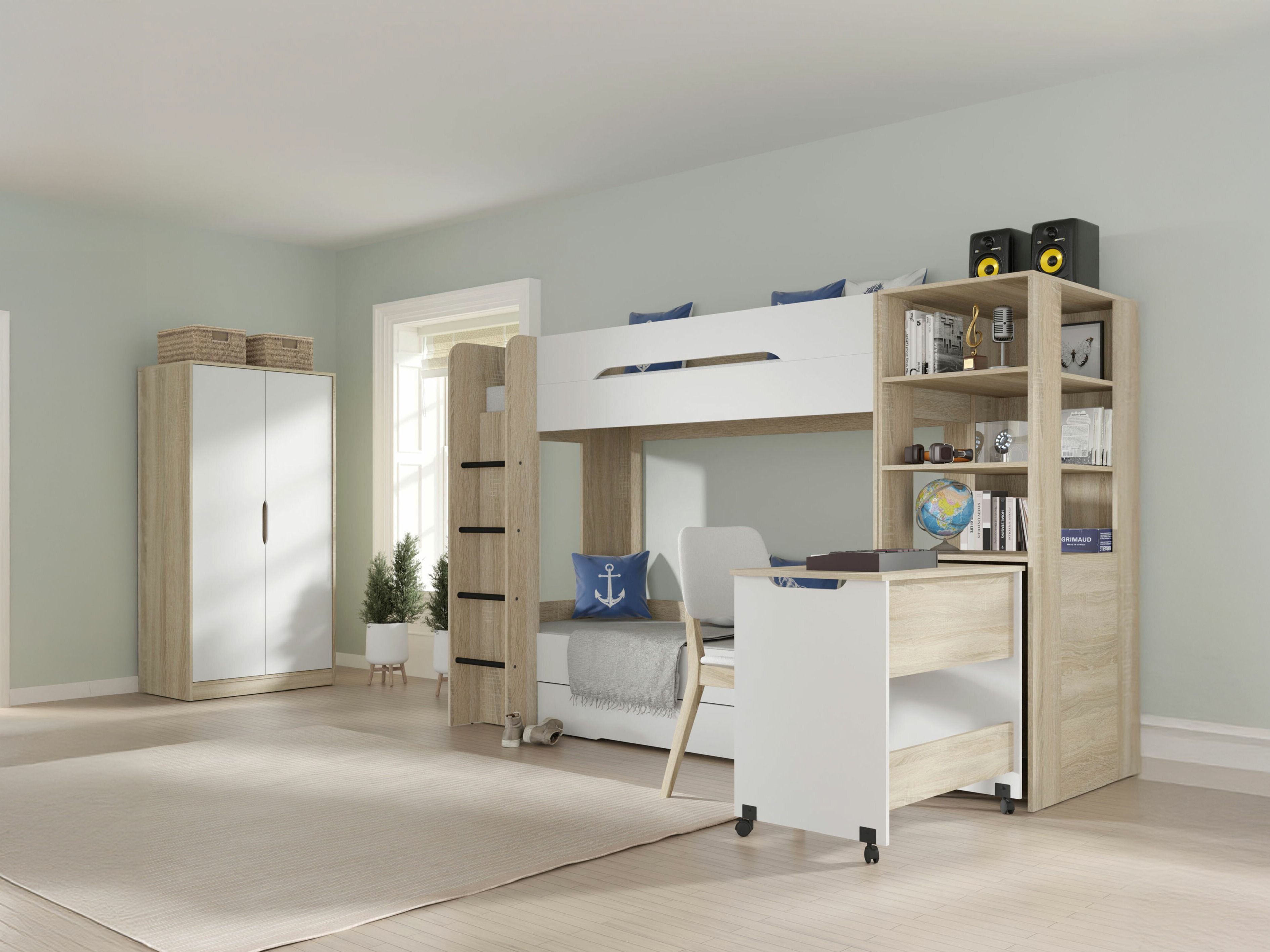 Dviaukštė lova Elitenu 103 (Sonomos ąžuolas+ Balta)