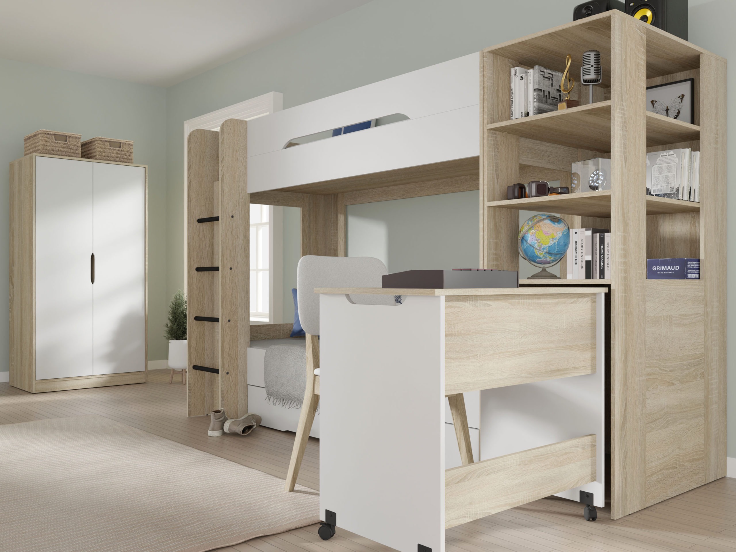 Dviaukštė lova Elitenu 103 (Sonomos ąžuolas+ Balta)