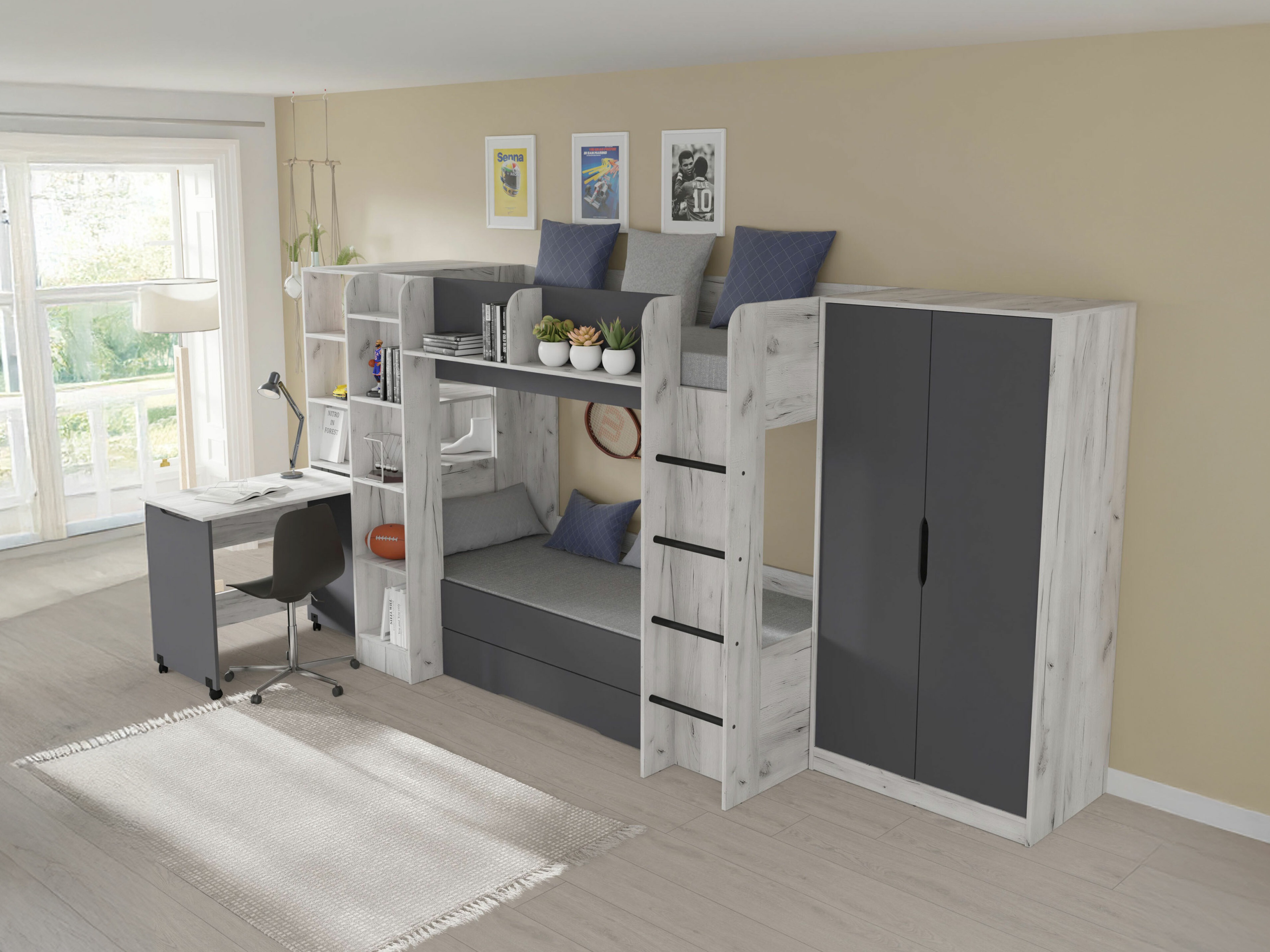 Vaikų kambario komplektas Elitenu 104 (Craft balta + Grafitas)