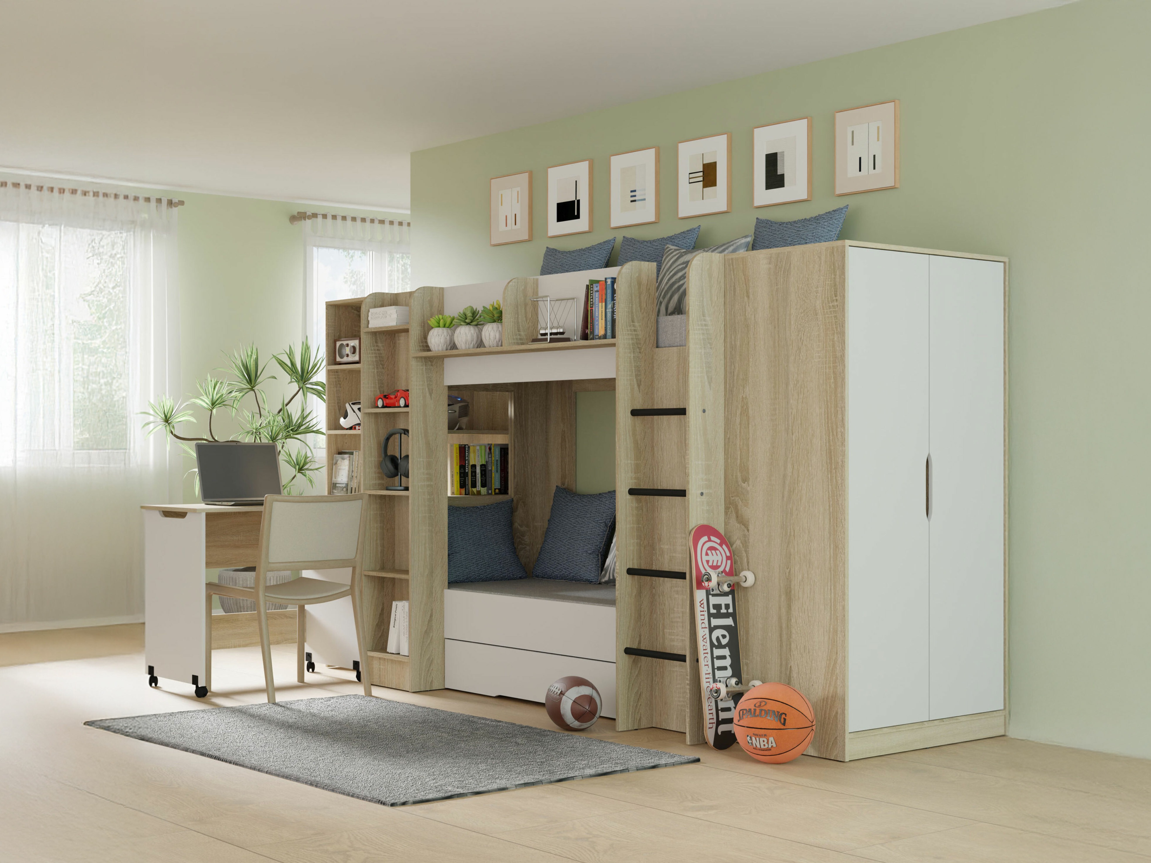 Vaikų kambario komplektas Elitenu 104 (Sonomos ąžuolas + Balta)