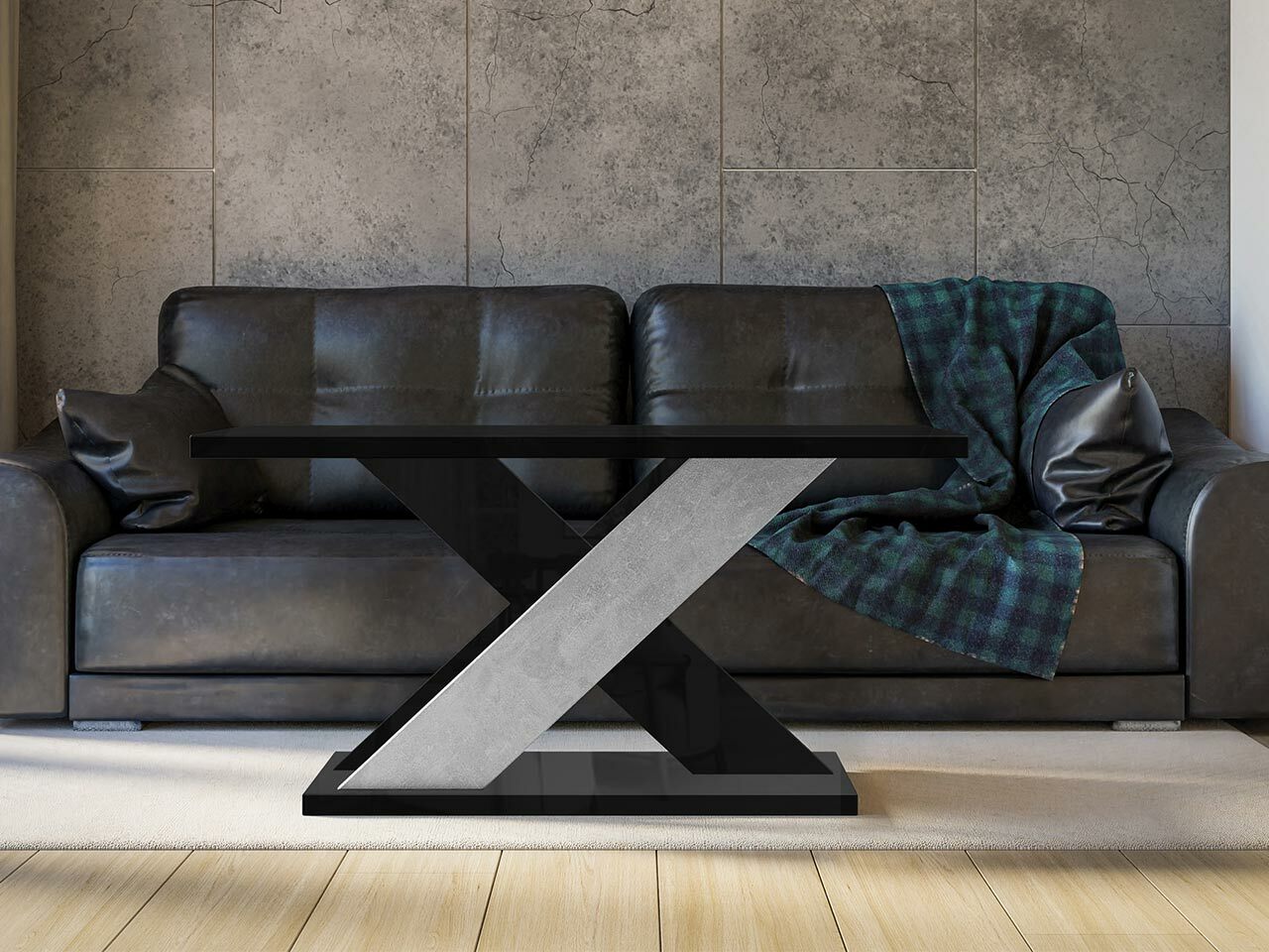 Žurnalinis staliukas Goodyear 116 (Blizgi juoda + Betonas)