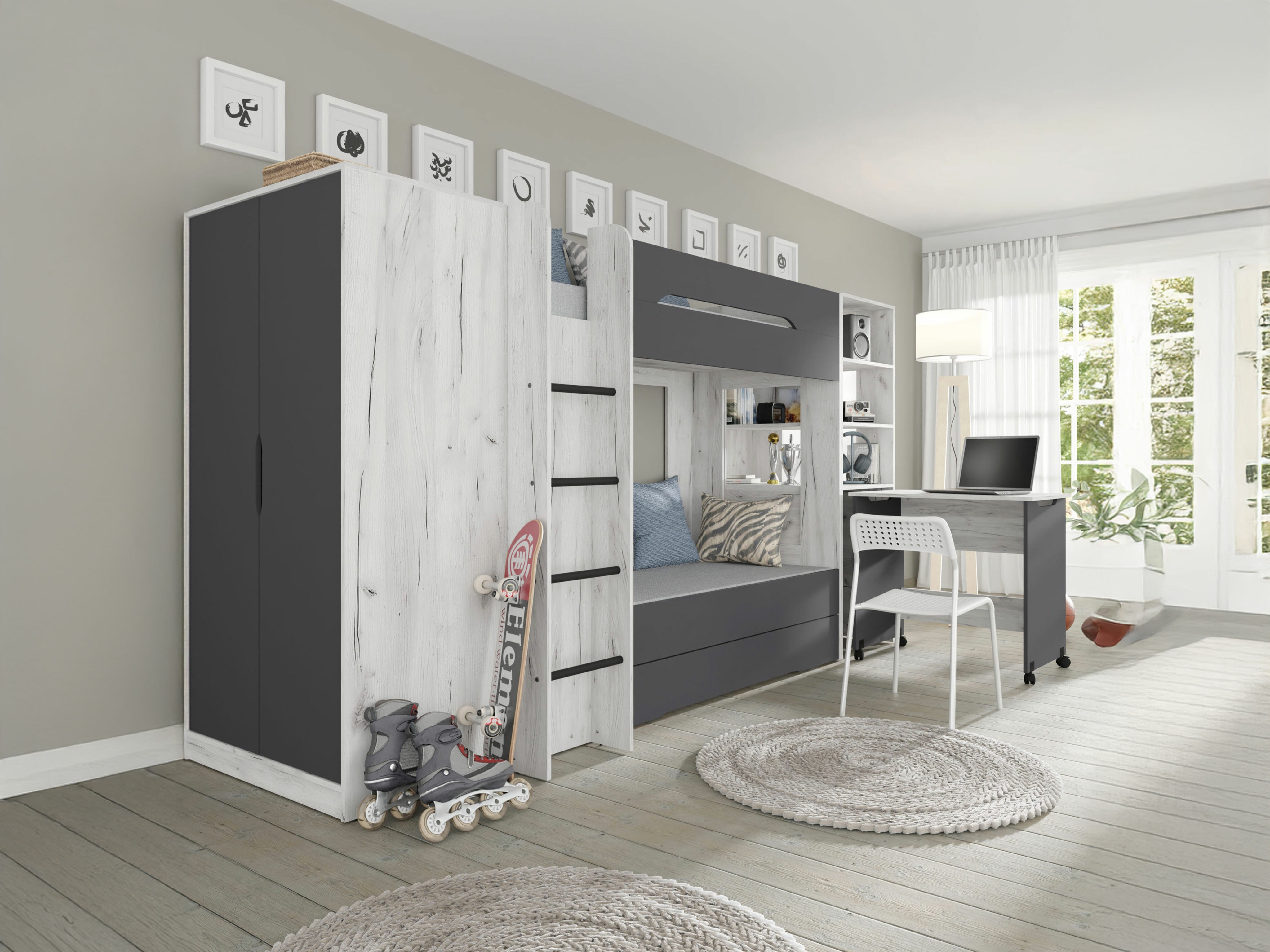 Vaikų kambario komplektas Elitenu 105 (Craft balta + Grafitas)