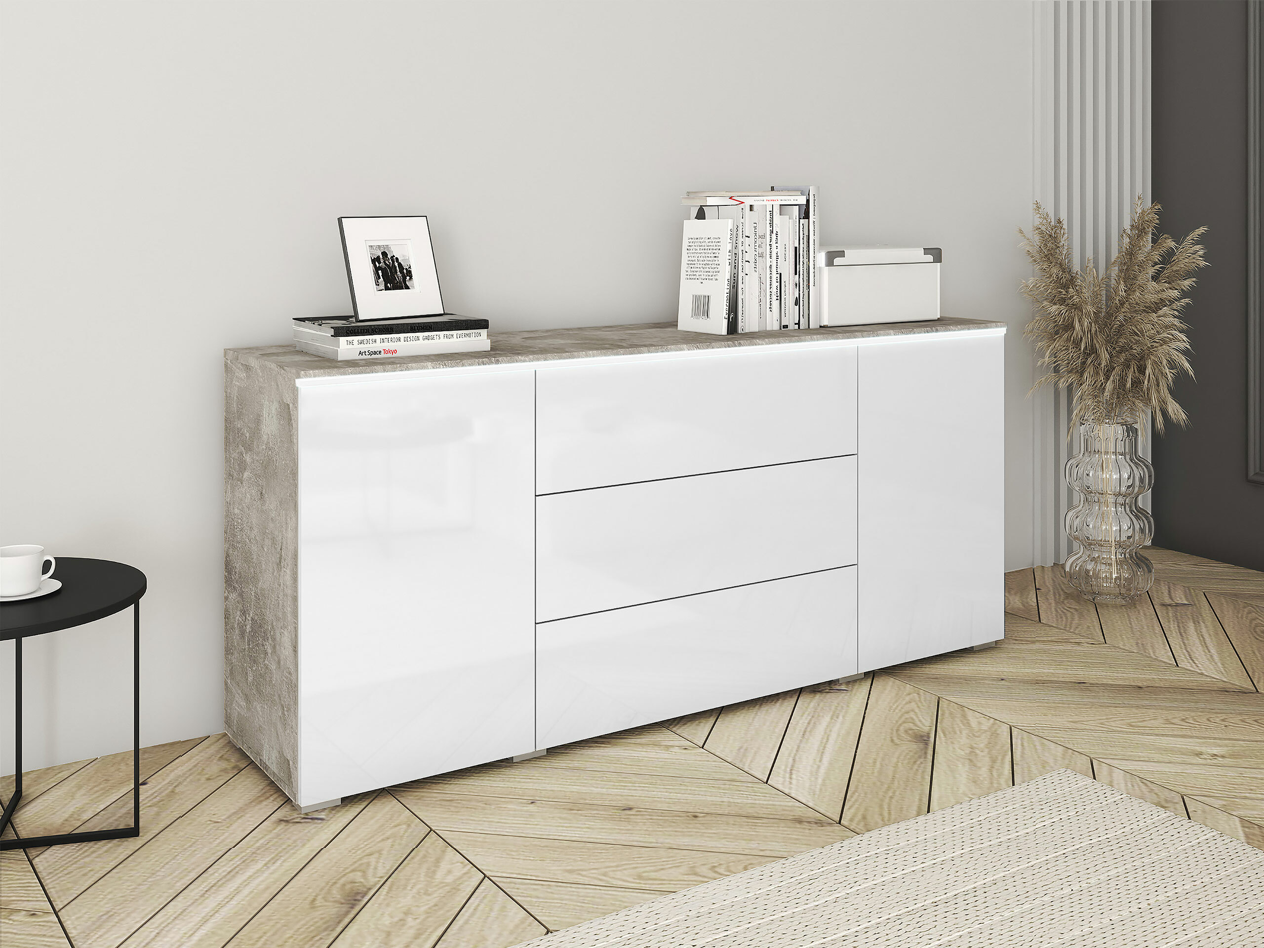 Komoda Mirfivo 102 (Betonas + Blizgi balta)
