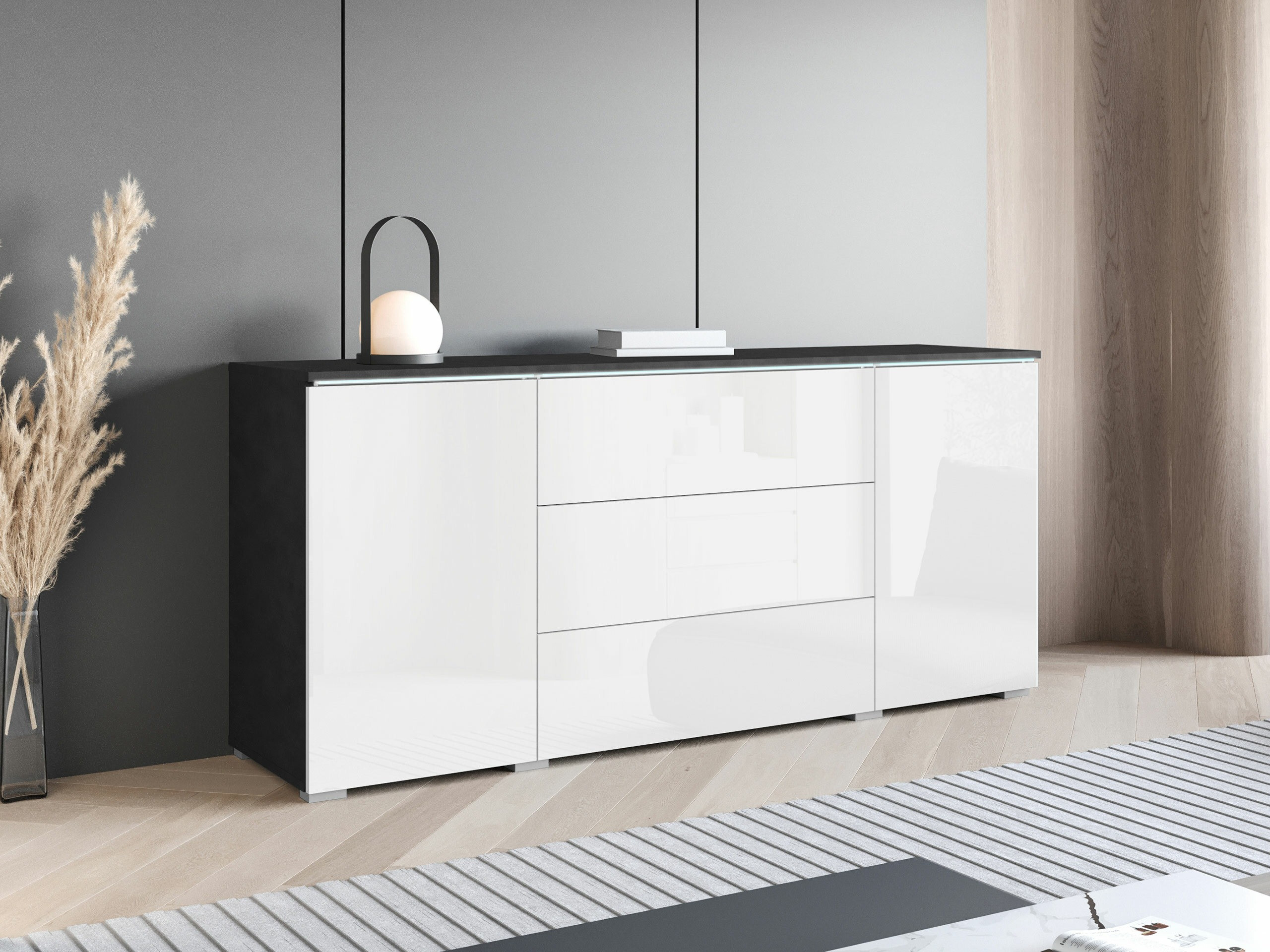 Komoda Mirfivo 102 (Matera pilka + Blizgi balta)