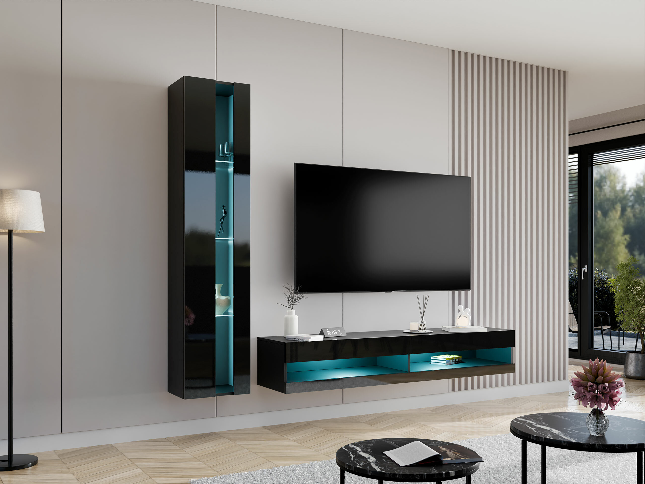 Svetainės komplektas Venenou 118 (Juoda + Blizgi juoda)