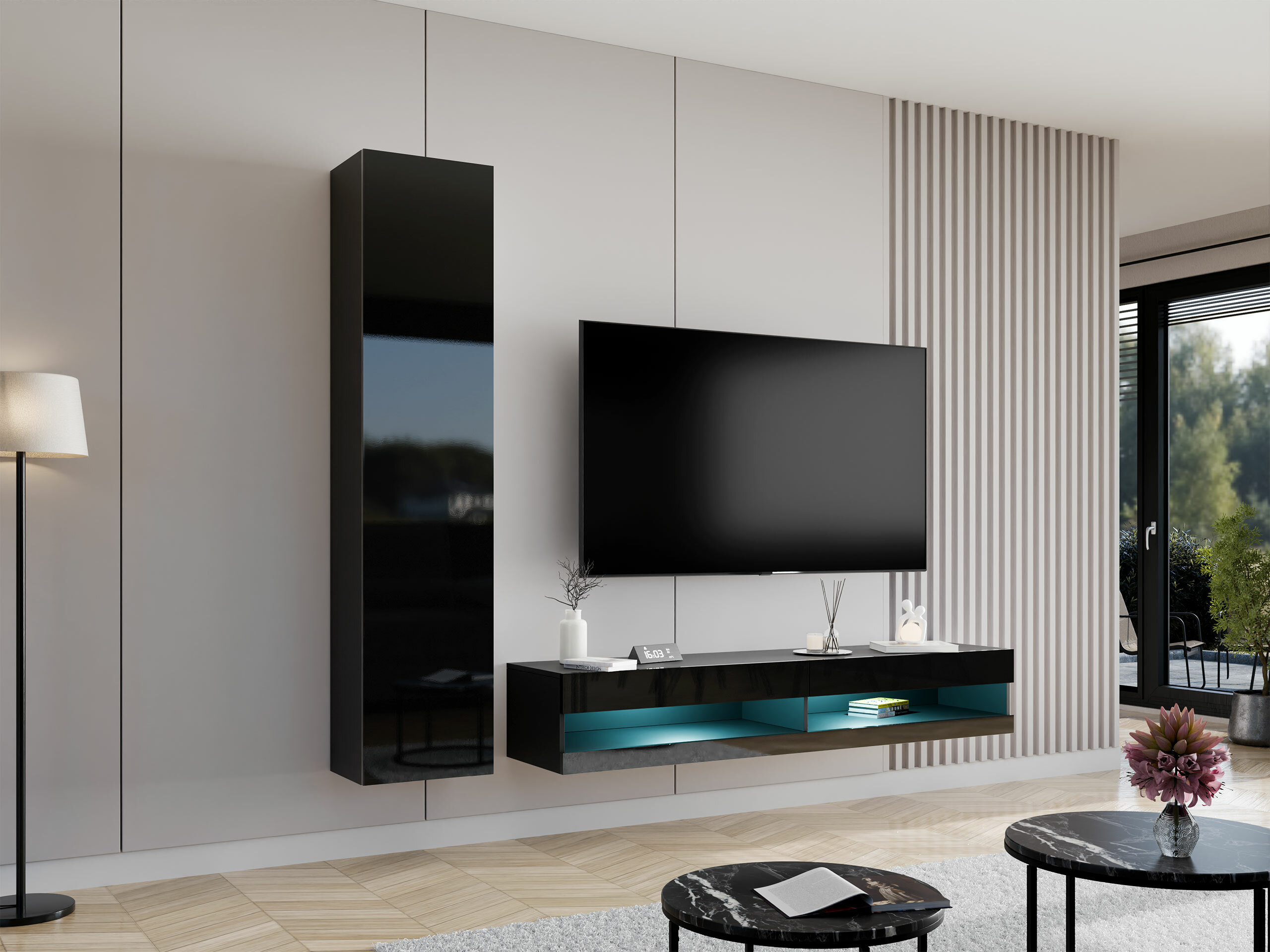 Svetainės komplektas Vilrin VI (Juoda + Blizgi juoda)