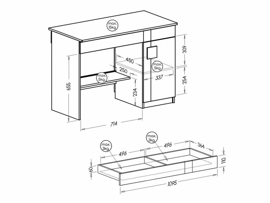 Darbo stalas Elmenou 105 (Balta + Antracitas)