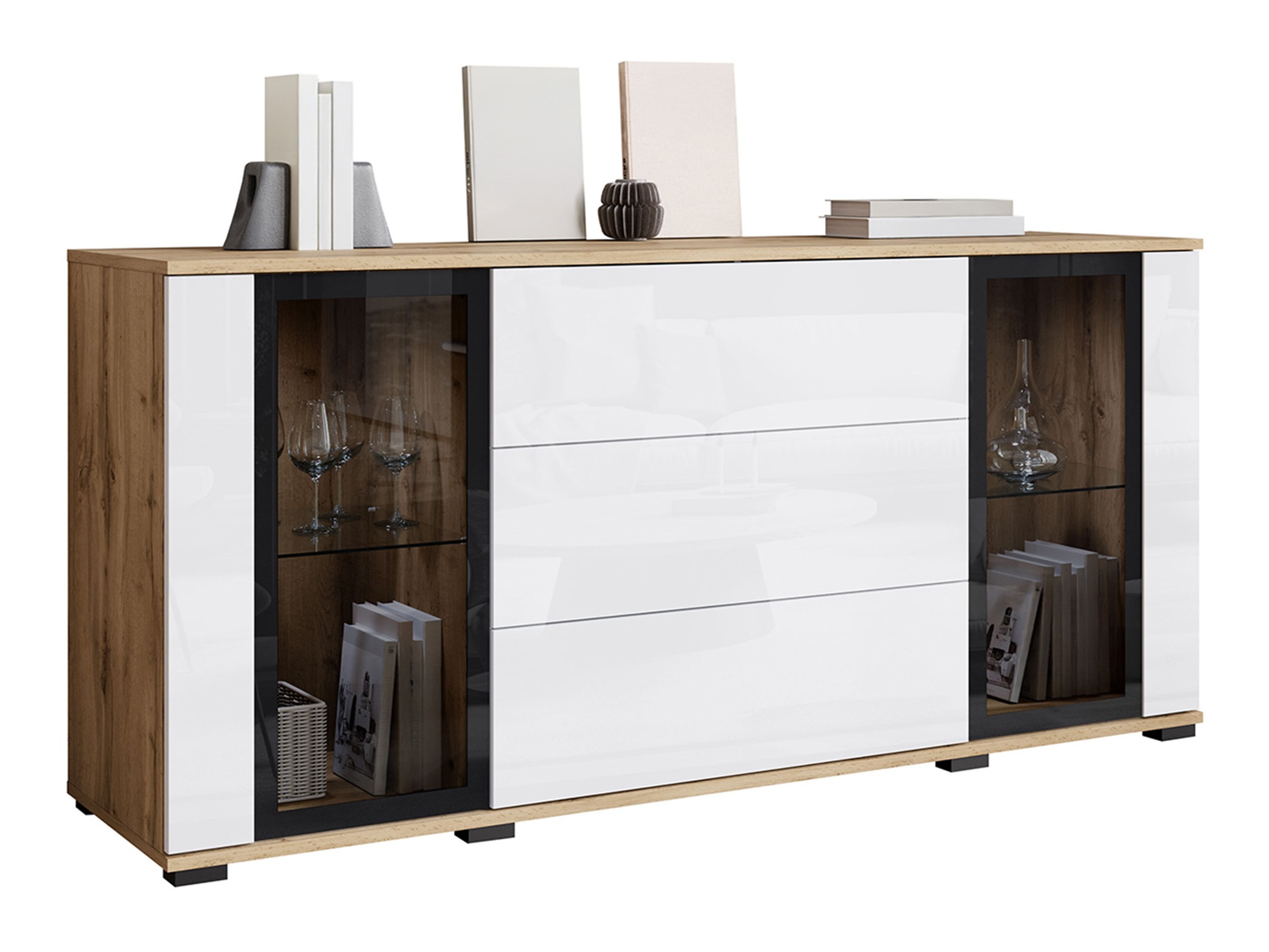 Komoda Torcame 101 (Votan ąžuolas + Blizgi balta)