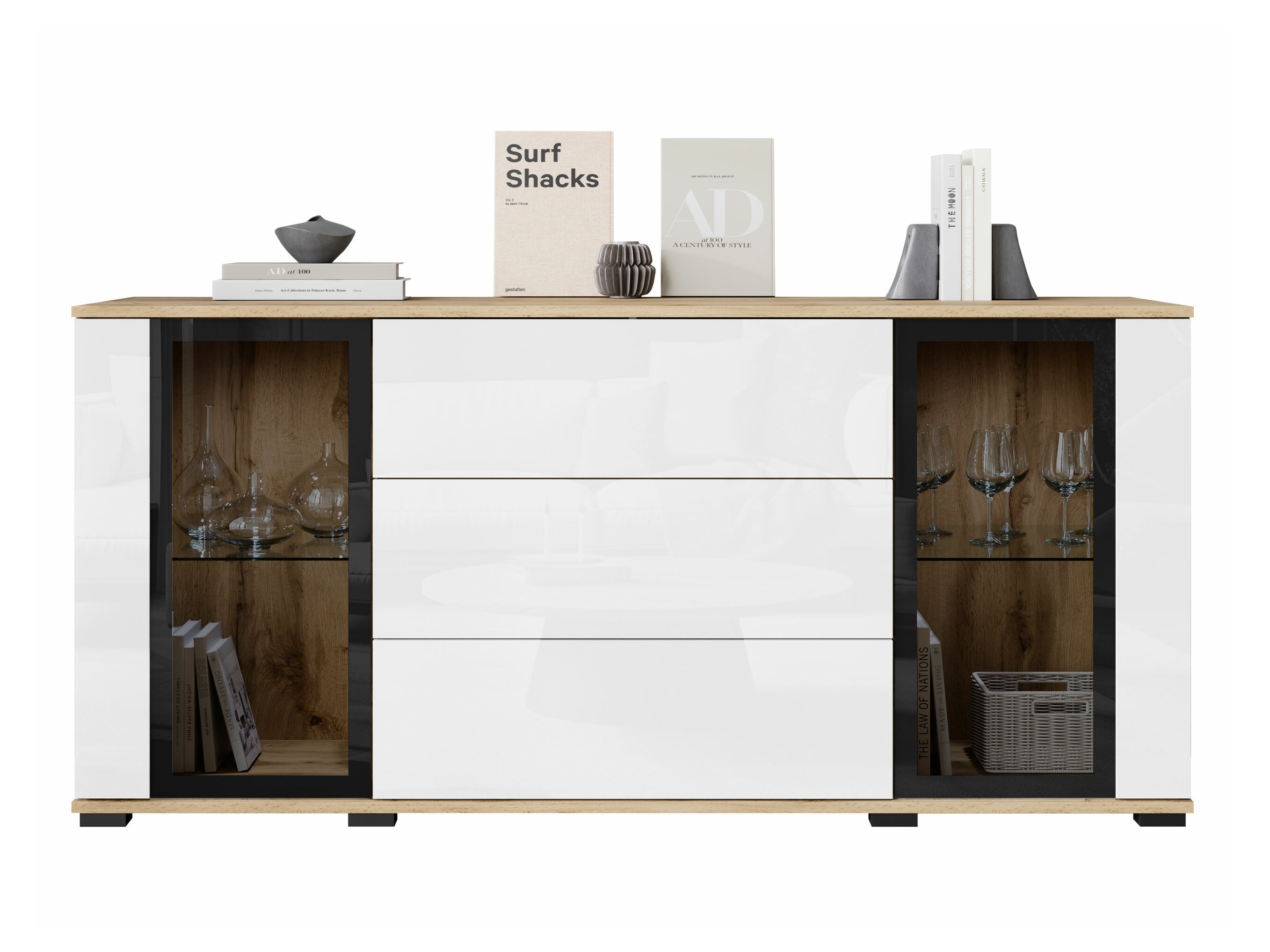 Komoda Torcame 101 (Votan ąžuolas + Blizgi balta)