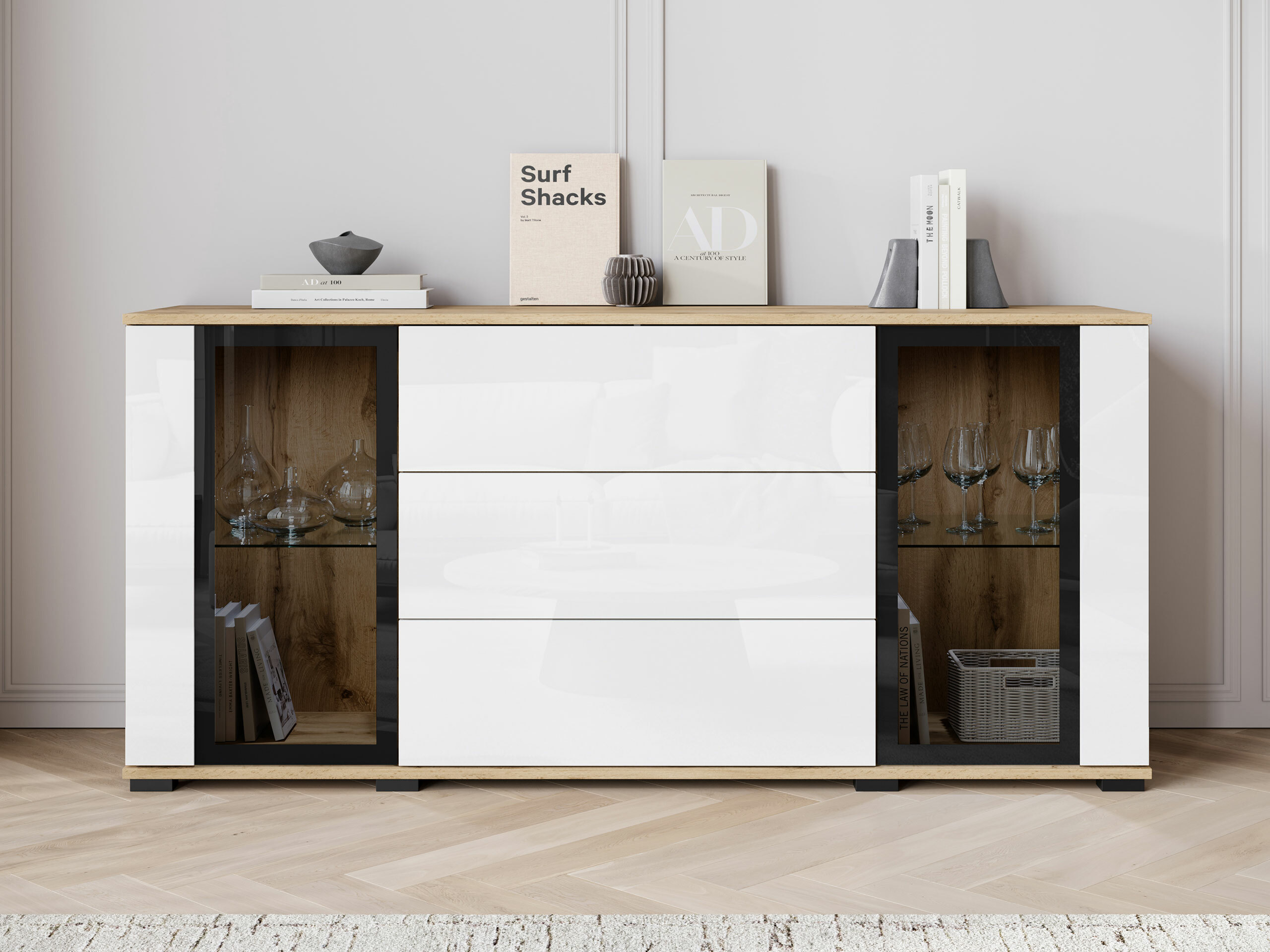 Komoda Torcame 101 (Votan ąžuolas + Blizgi balta)