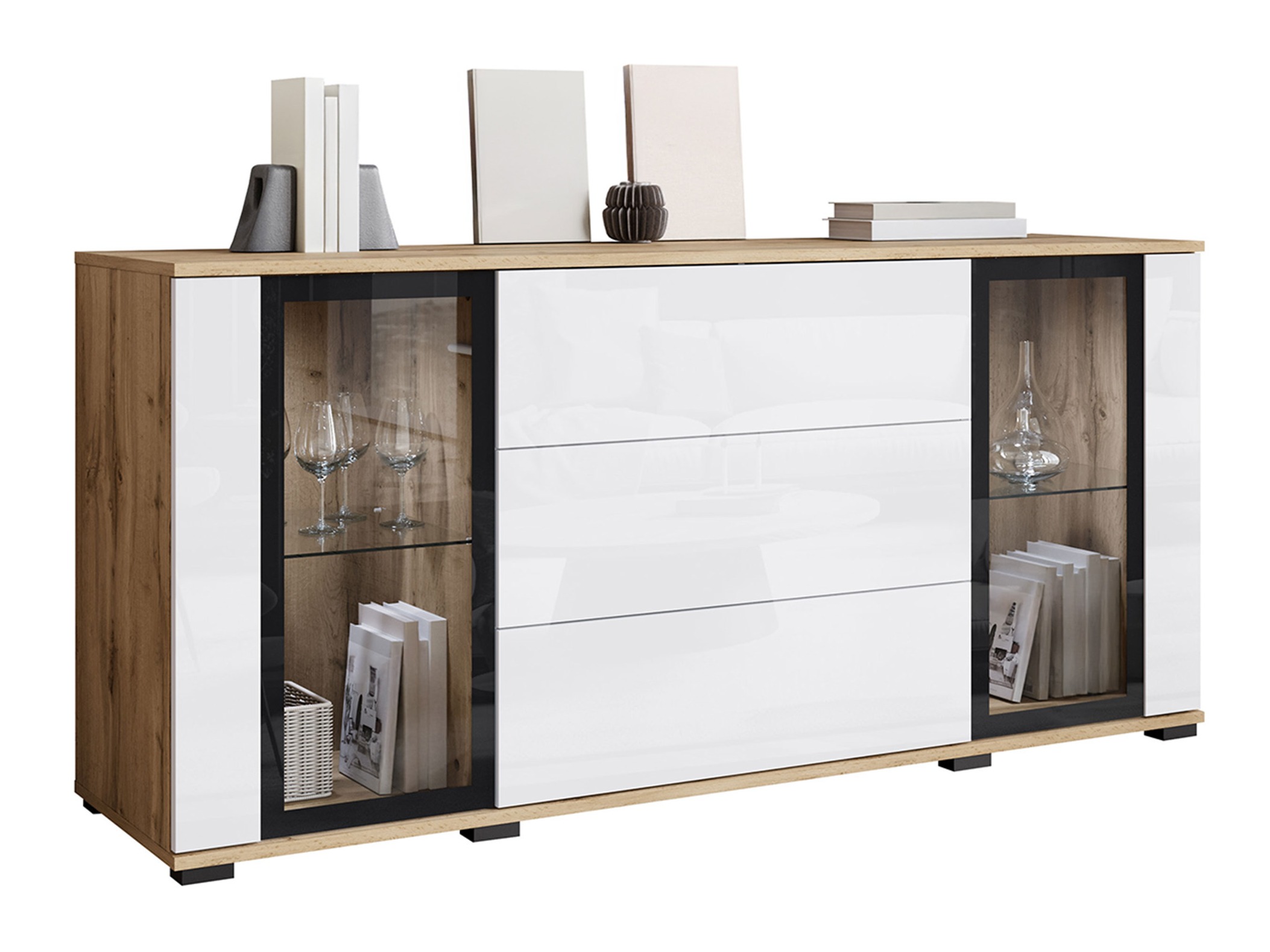 Komoda Torcame 101 (Votan ąžuolas + Blizgi balta)