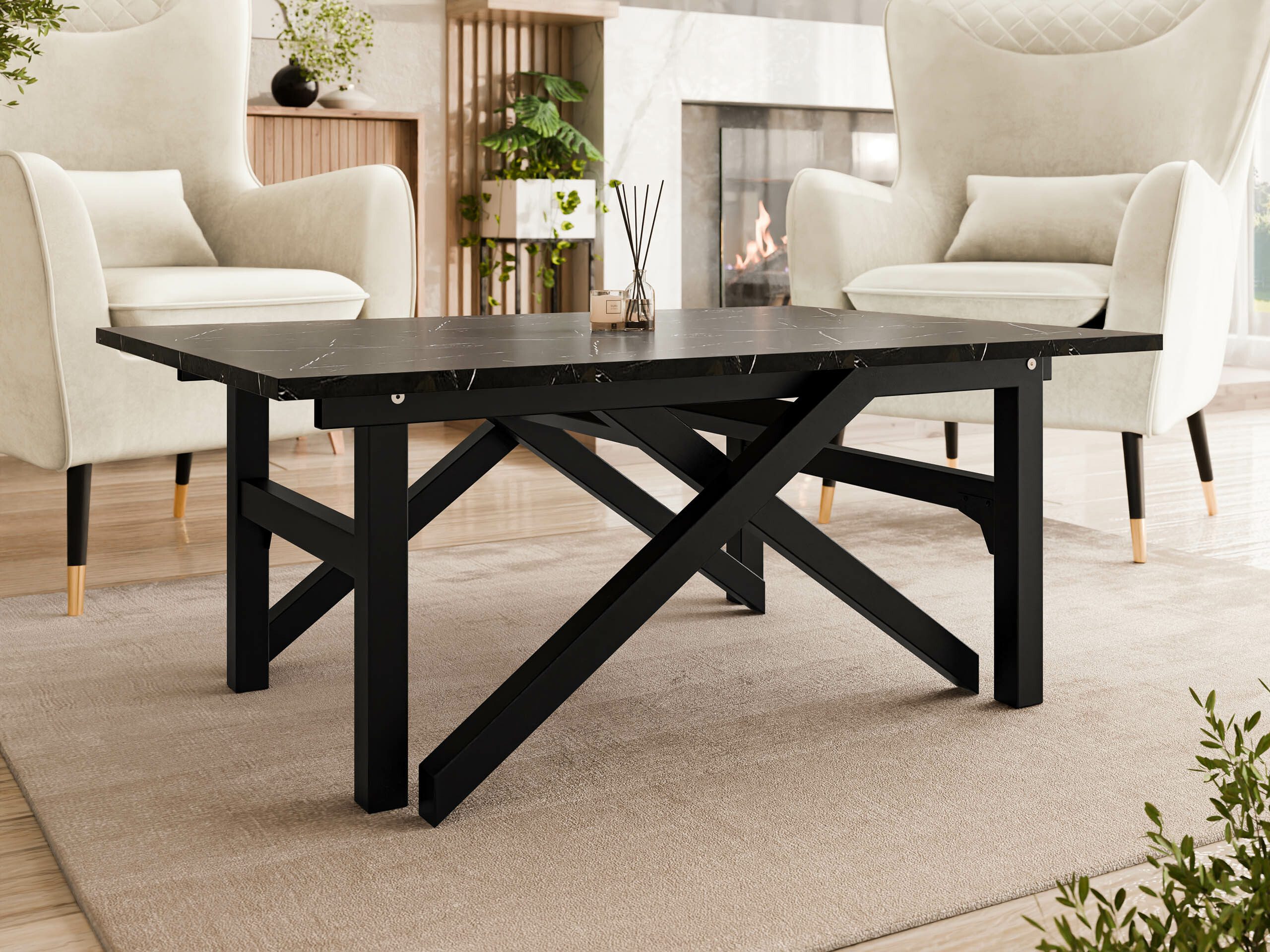 Žurnalinis staliukas transformeris Oswego 151 (Juodas marmuras + Juoda)