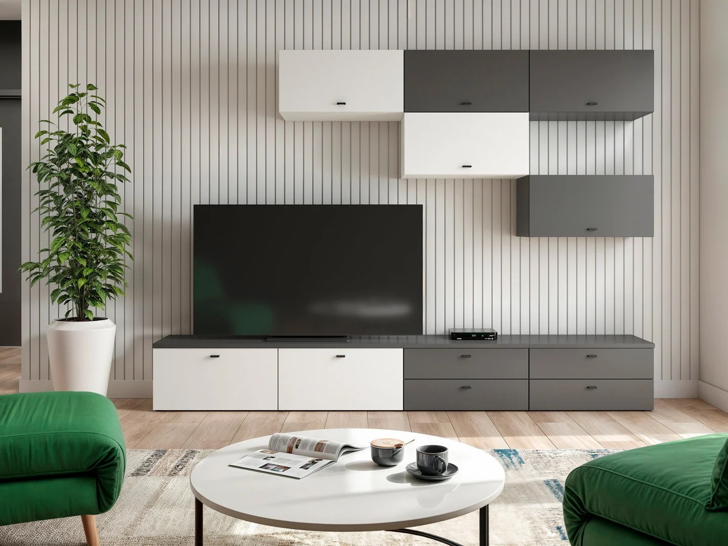 Svetainės komplektas Merciru 111 (Grafitas + Balta)