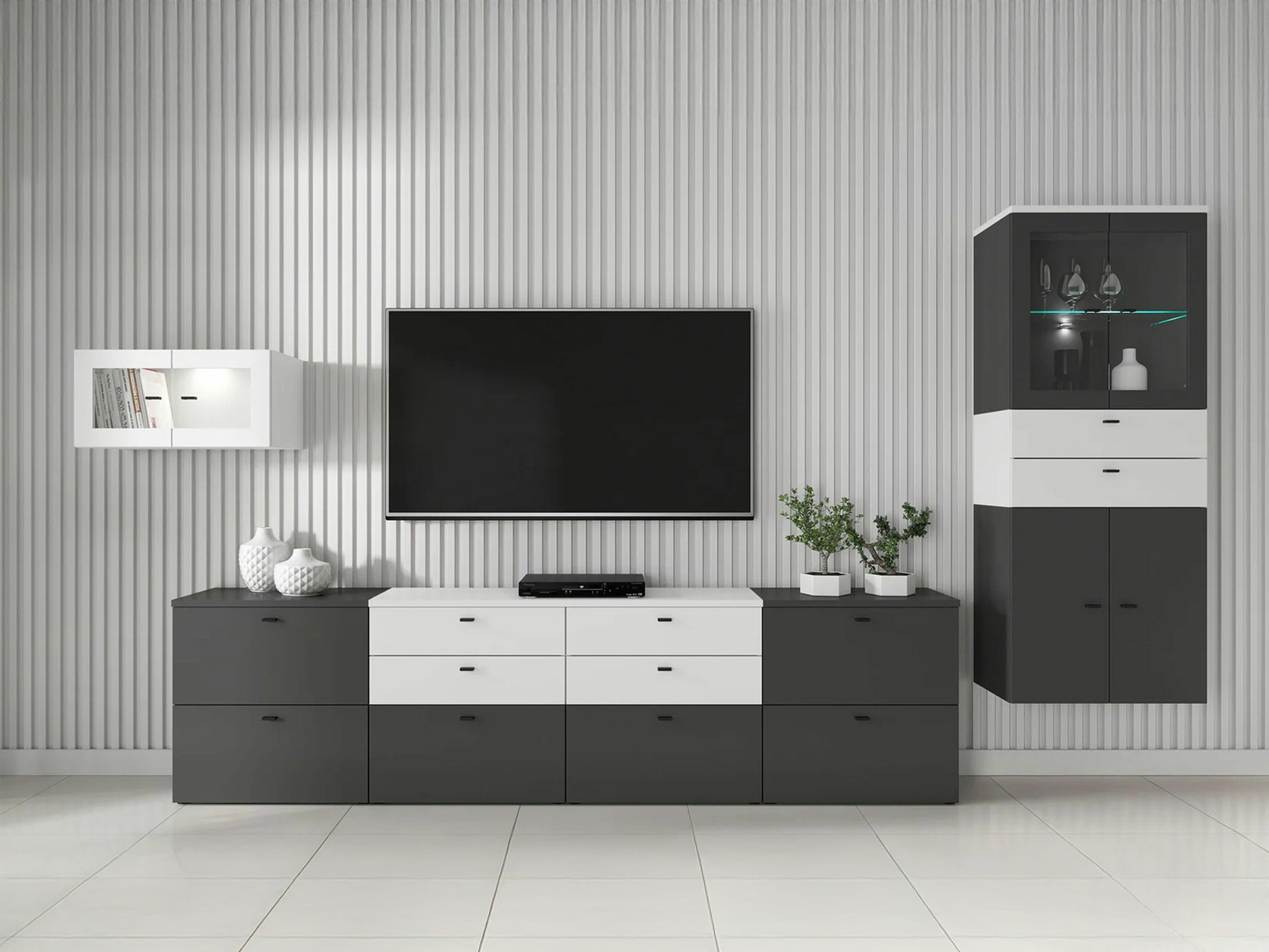 Svetainės komplektas Merciru 115 (Grafitas + Balta)