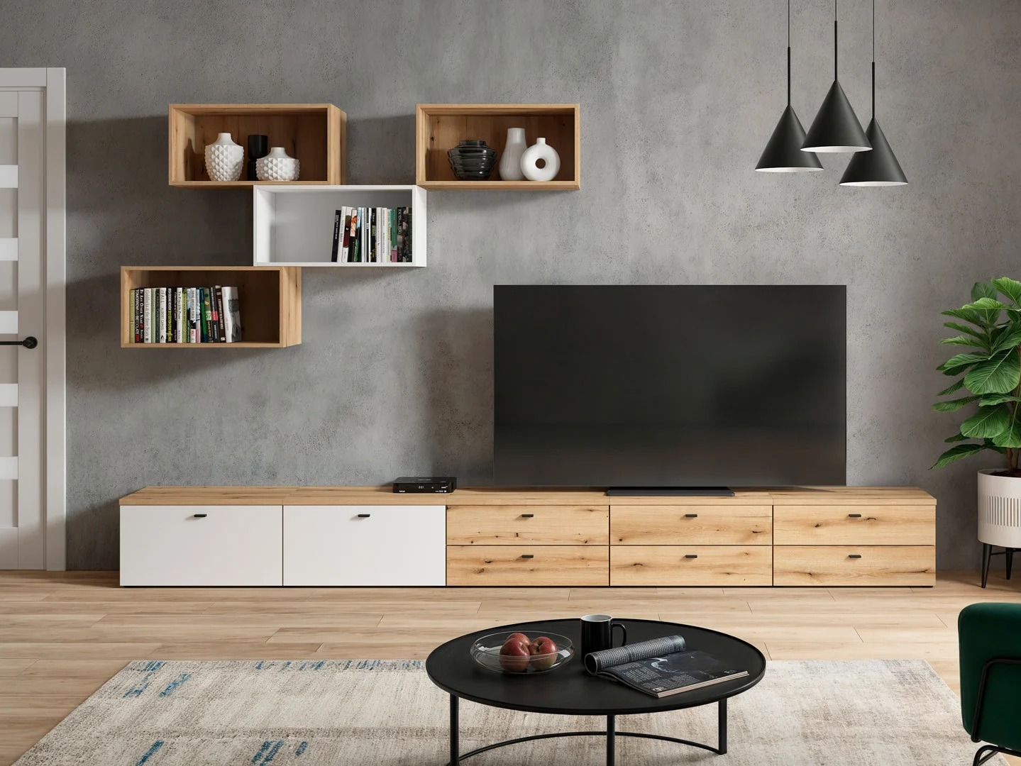 Svetainės komplektas Merciru 116 (Ąžuolas + Balta)