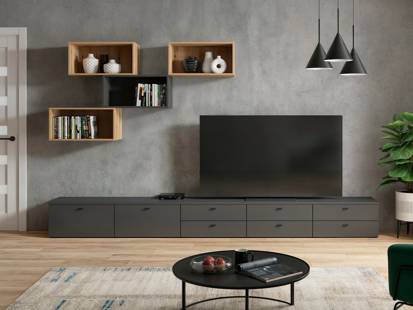 Svetainės komplektas Merciru 116 (Grafitas + Ąžuolas)