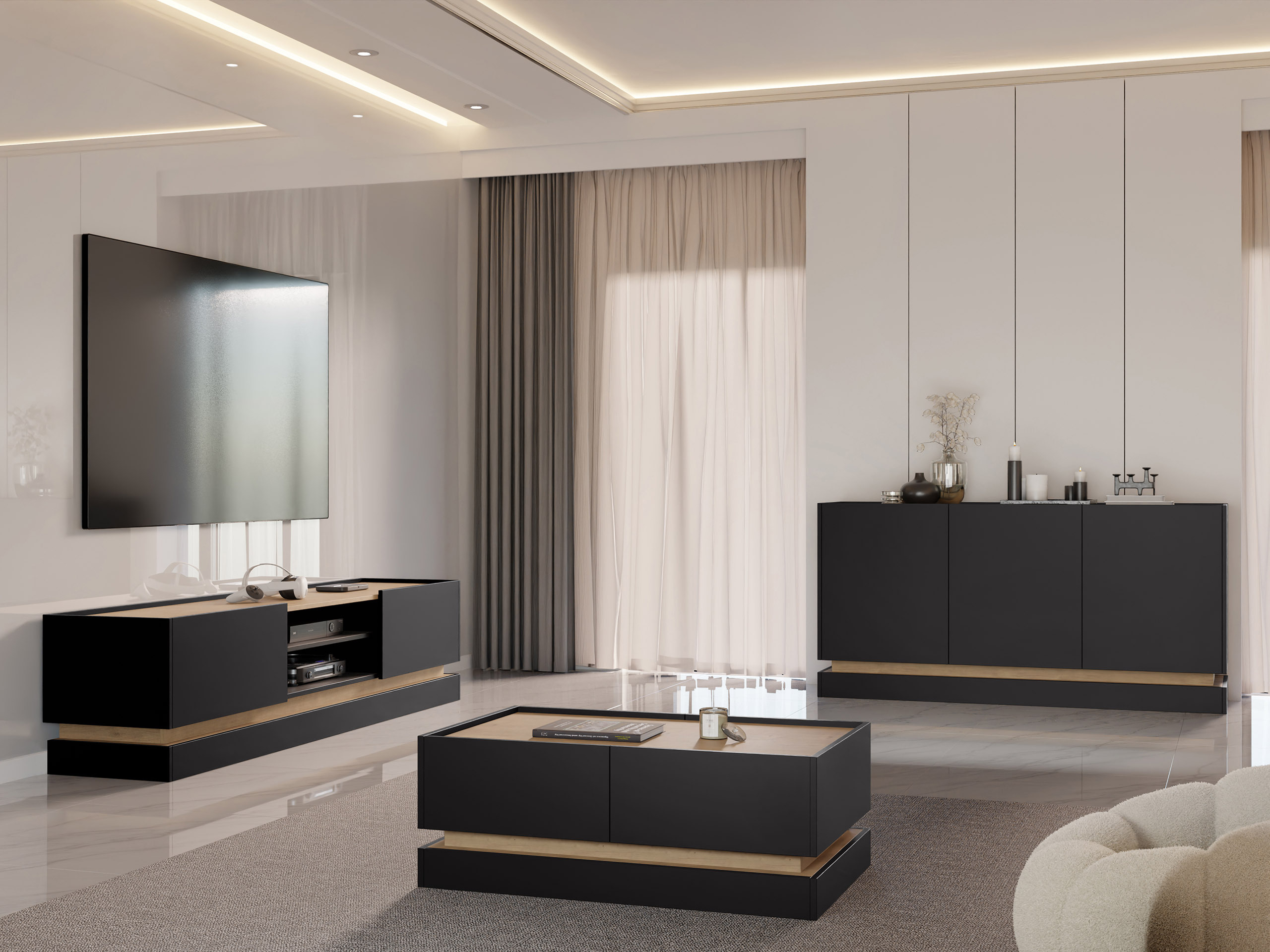 Svetainės komplektas Comfivo Tilia (Juoda + Ąžuolas)