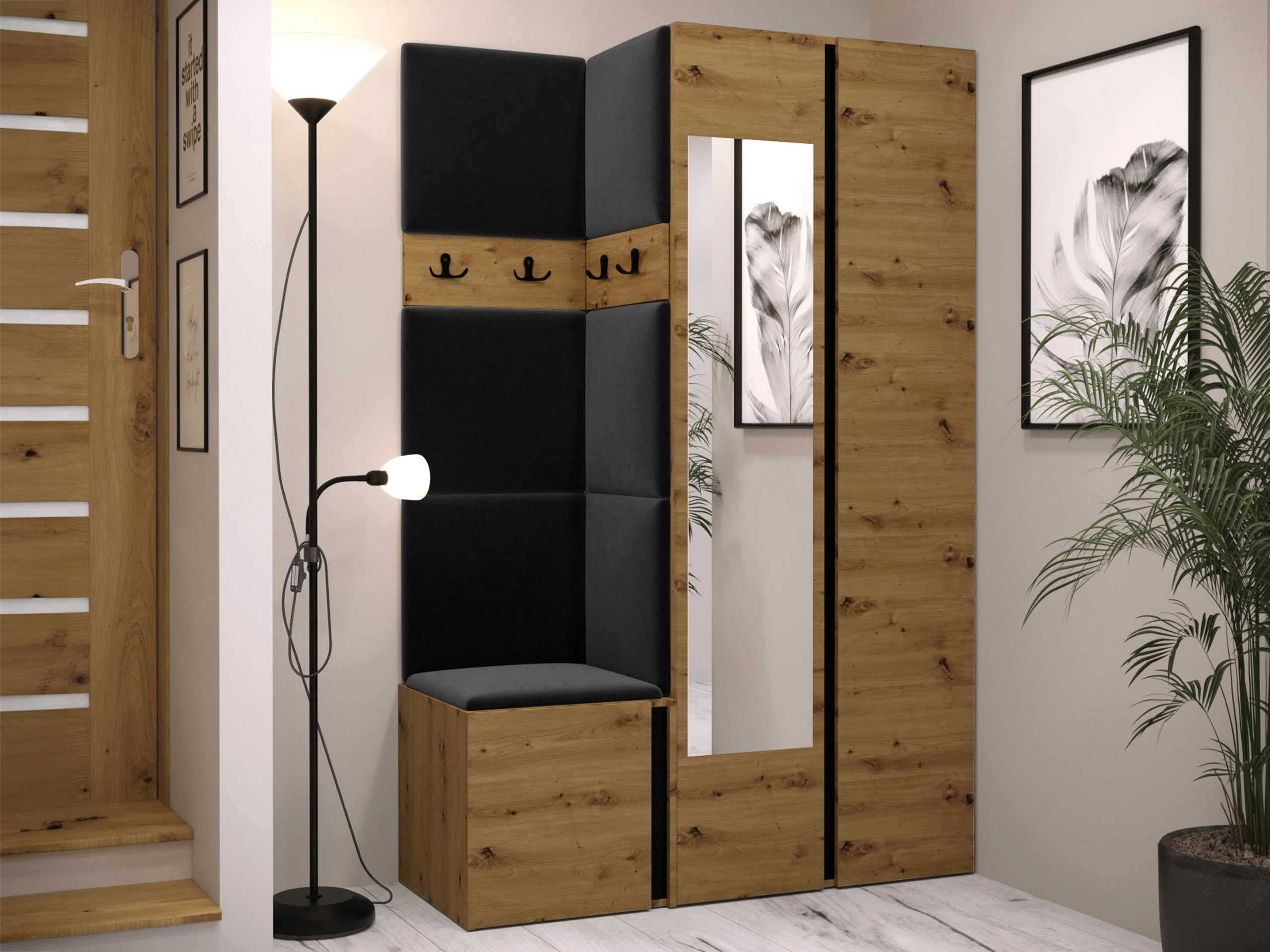Prieškambario komplektas Pinis XXVI (Artisan ąžuolas + Juoda)